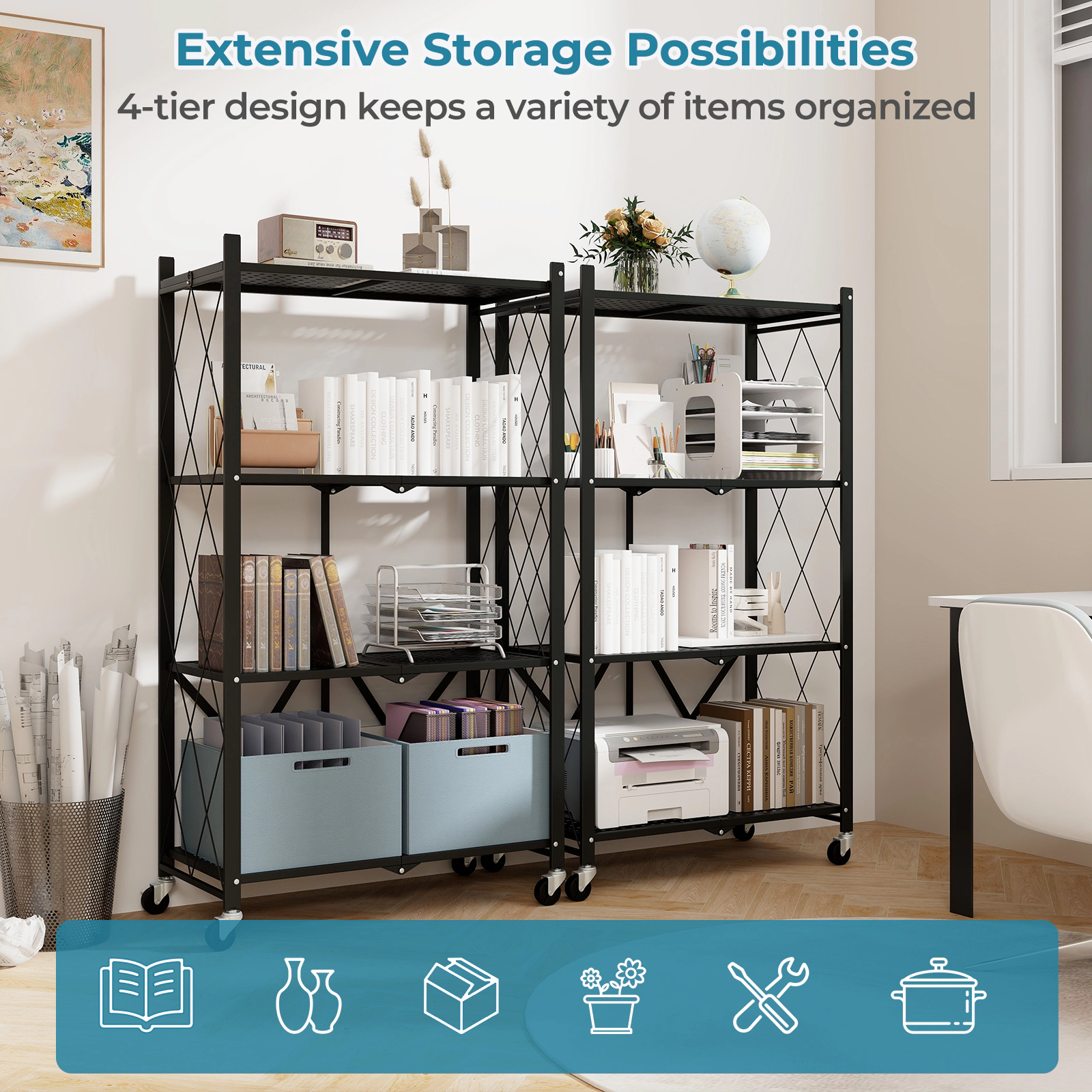 SUGIFT Black 4-Tier Foldable Storage Rack with Lockable Wheels and Pre-Assembled Frame