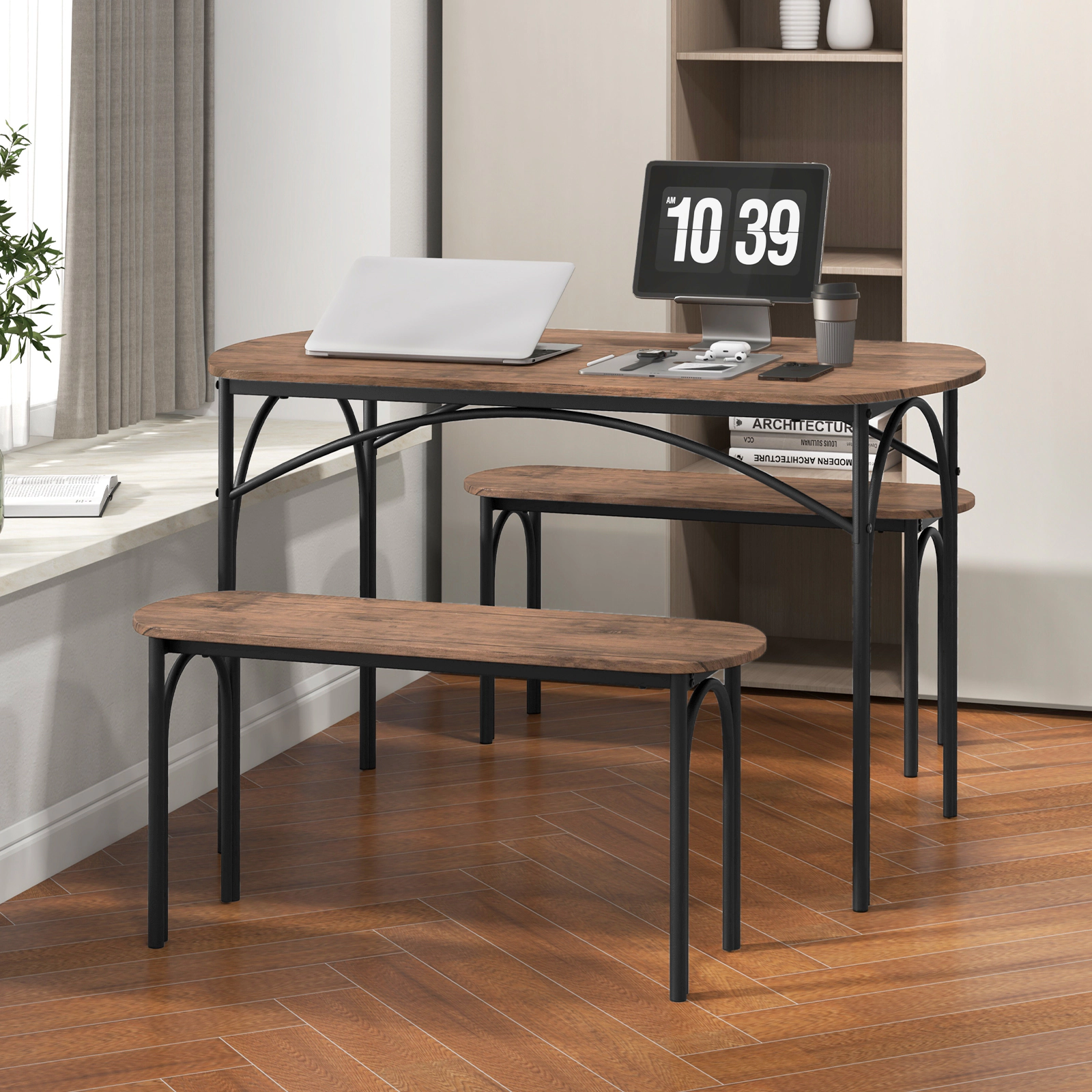SUGIFT 3-Piece Dining Table Set with Metal Frame and Benches 200-lb Table 660-lb Benches Brown+Black