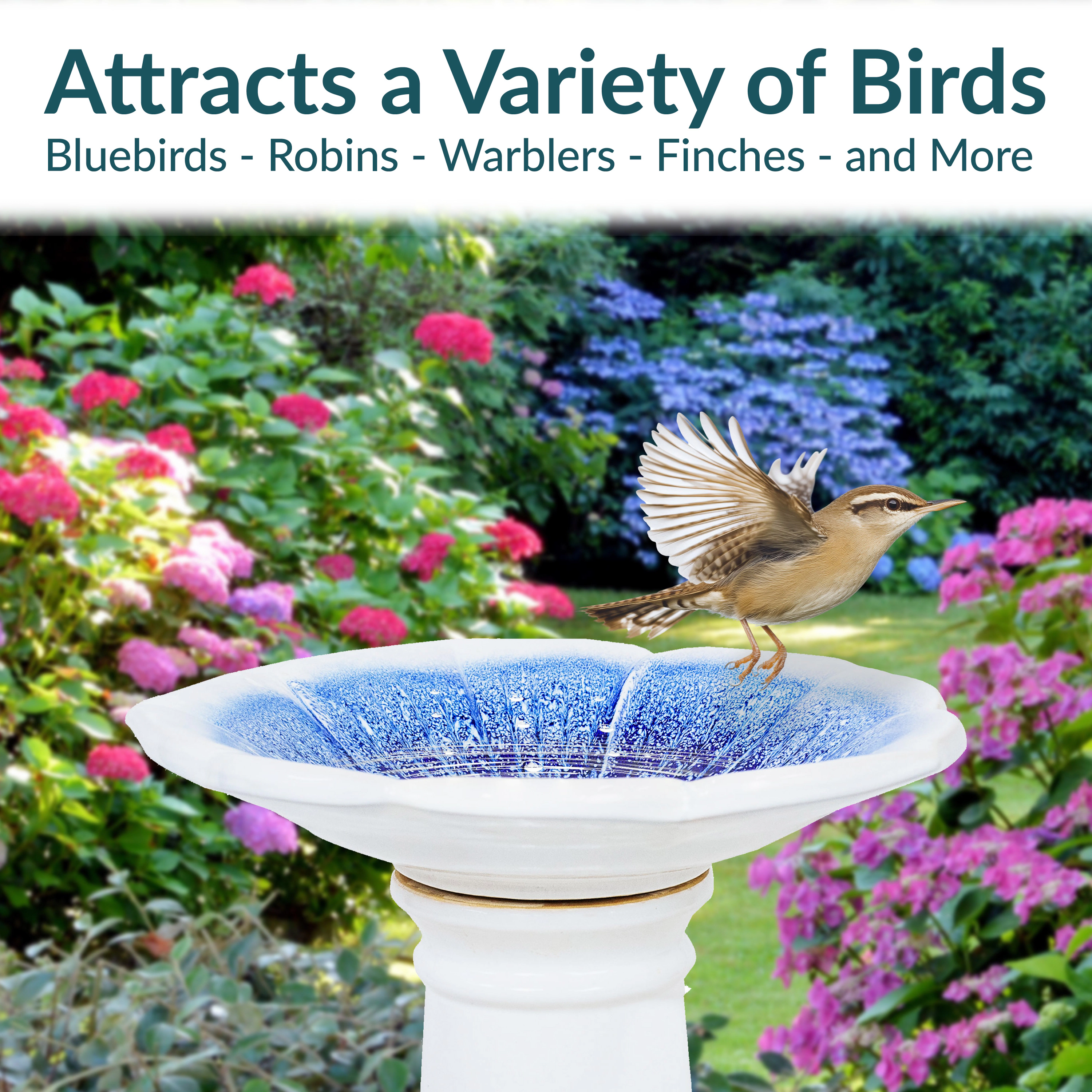Sunnydaze Misty Blossom Ceramic Bird Bath for Outdoors, 23” H, White & Blue