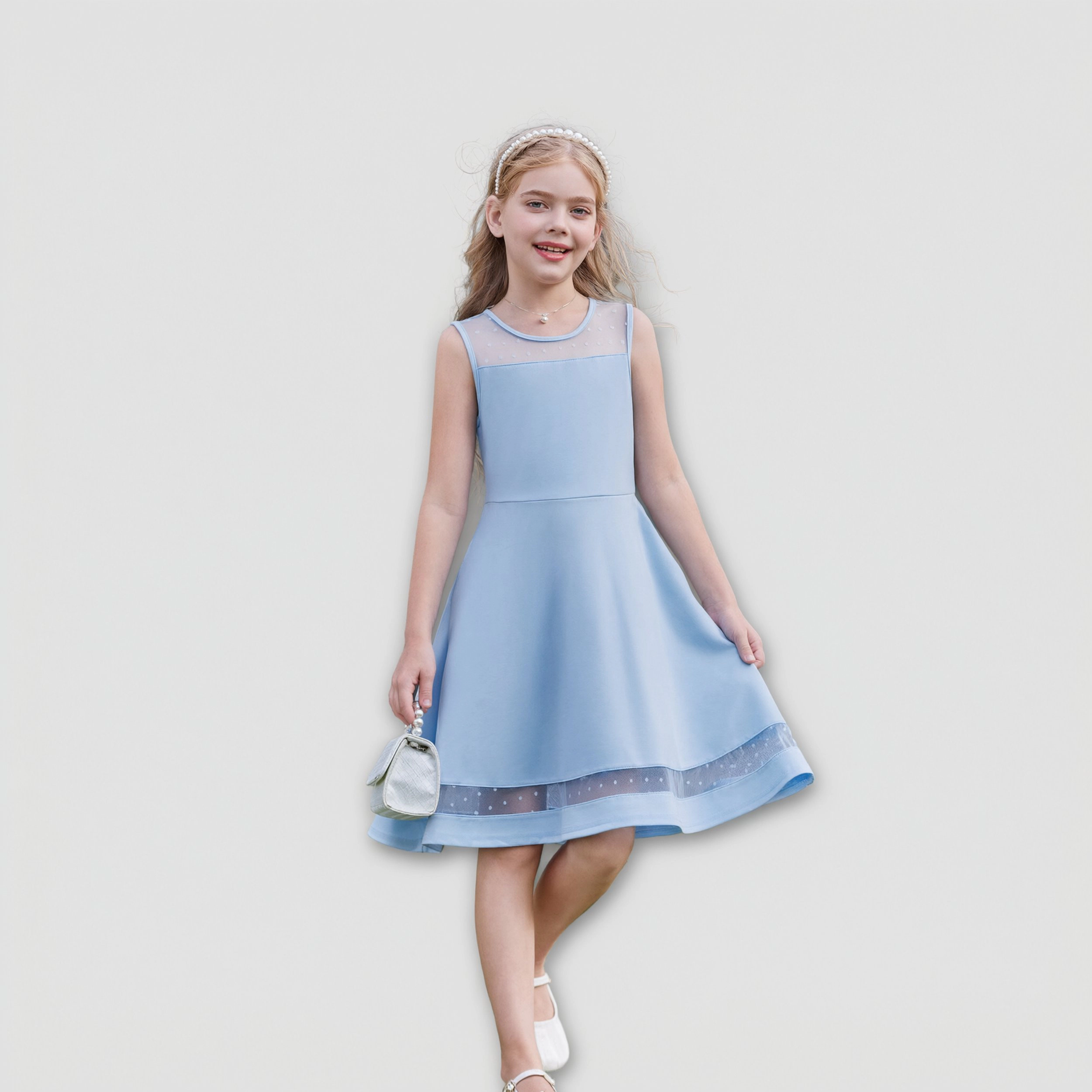 Arshiner Girls Elegant Dresses Sleeveless Round Neck Aline Party Dance Graduation Mesh Dress