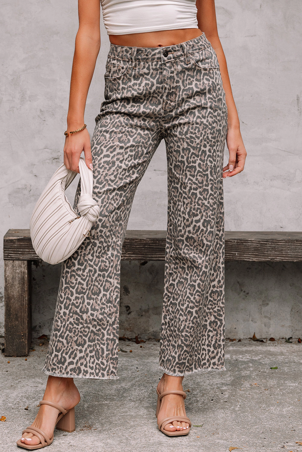 Threaded Pear Women's Brianna Leopard Frayed Edge Wide Leg High Waist Jeans