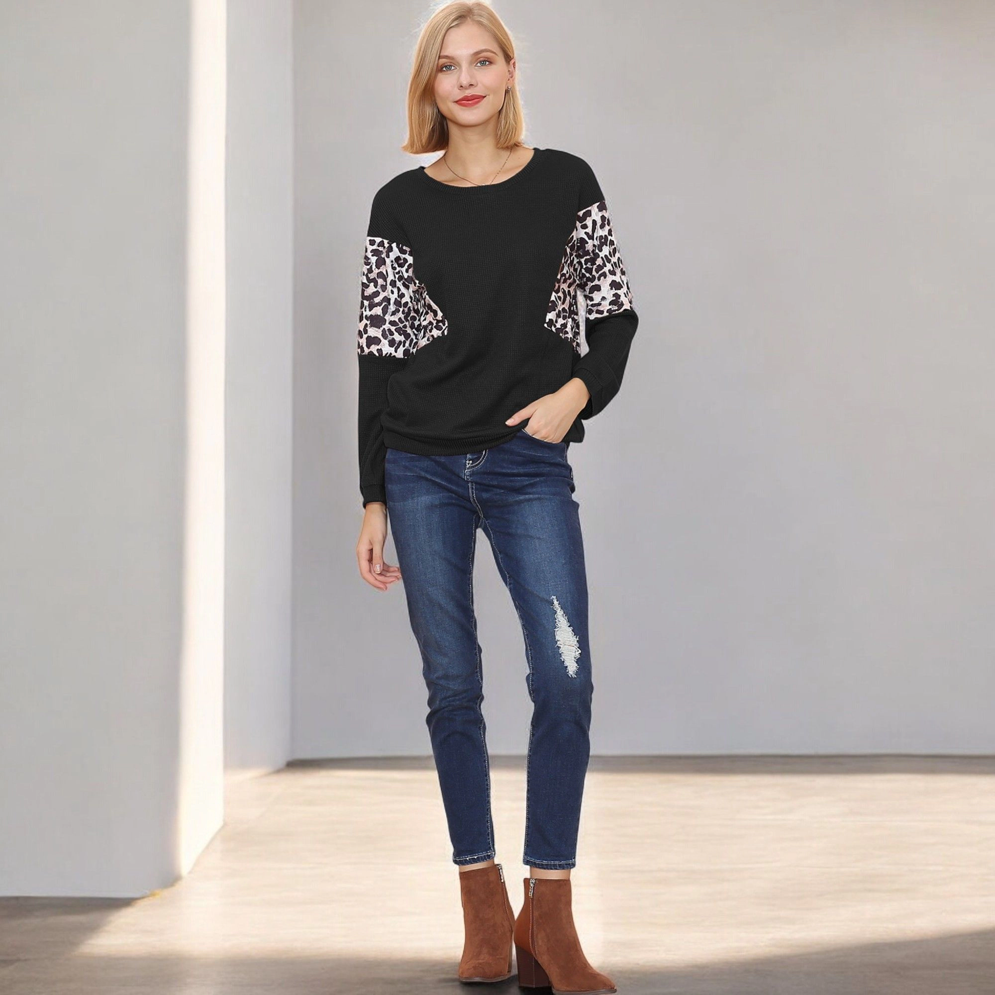 Anna-Kaci Women's Long Sleeve Sweatshirt with Leopard Print Panels
