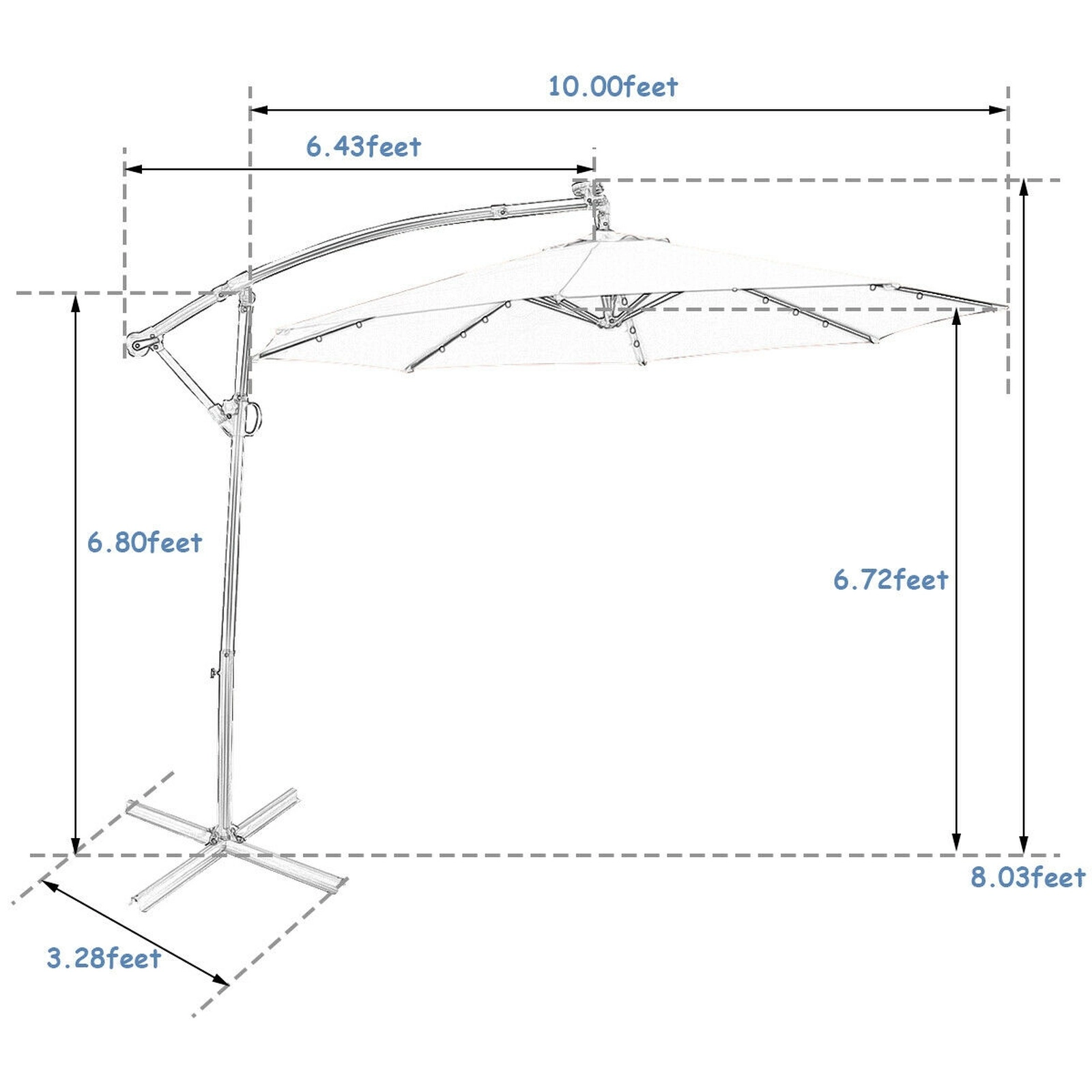 SUGIFT 10-ft Blue Solar LED Offset Patio Umbrella with 360-Degree Rotation 8 Ribs and 32 Lights 7.5-ft H