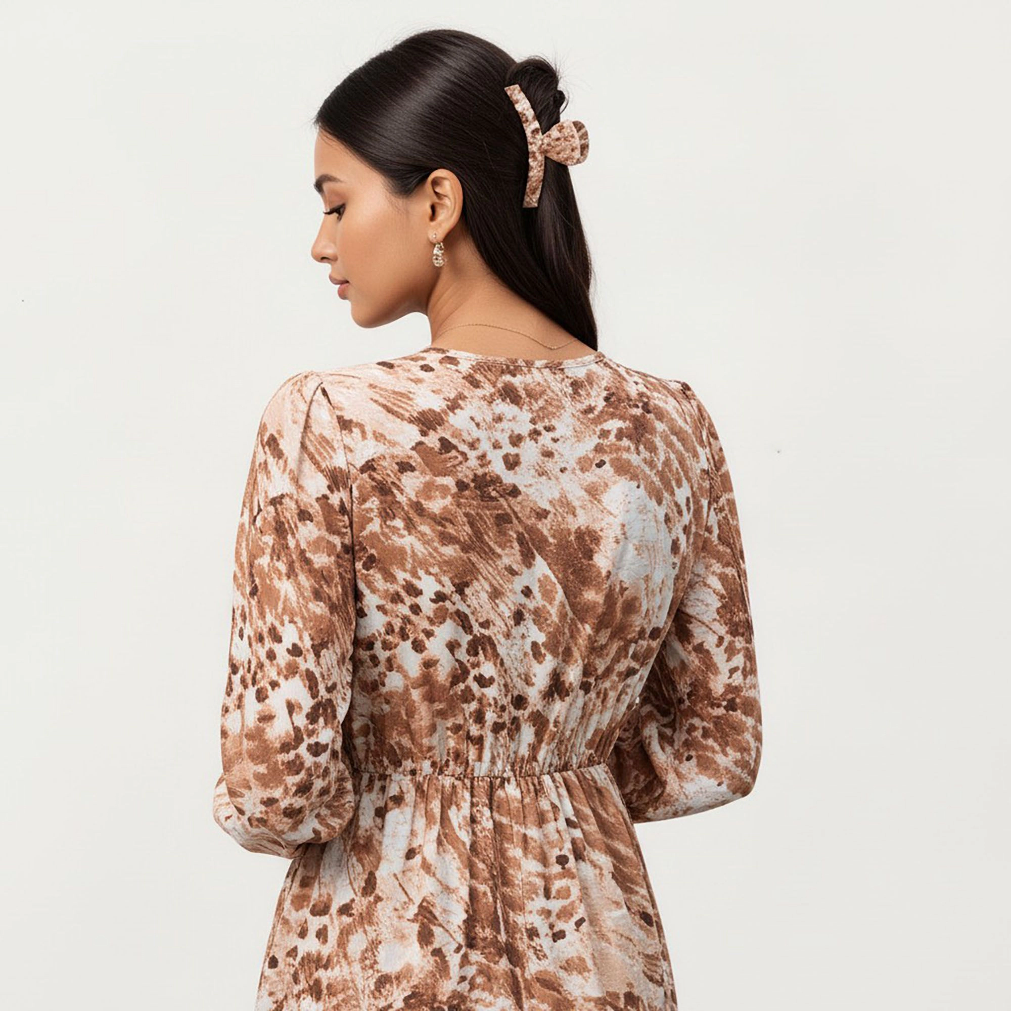 Anna-Kaci Women's Brown Animal Print Long Sleeve V Neck Tiered Dress