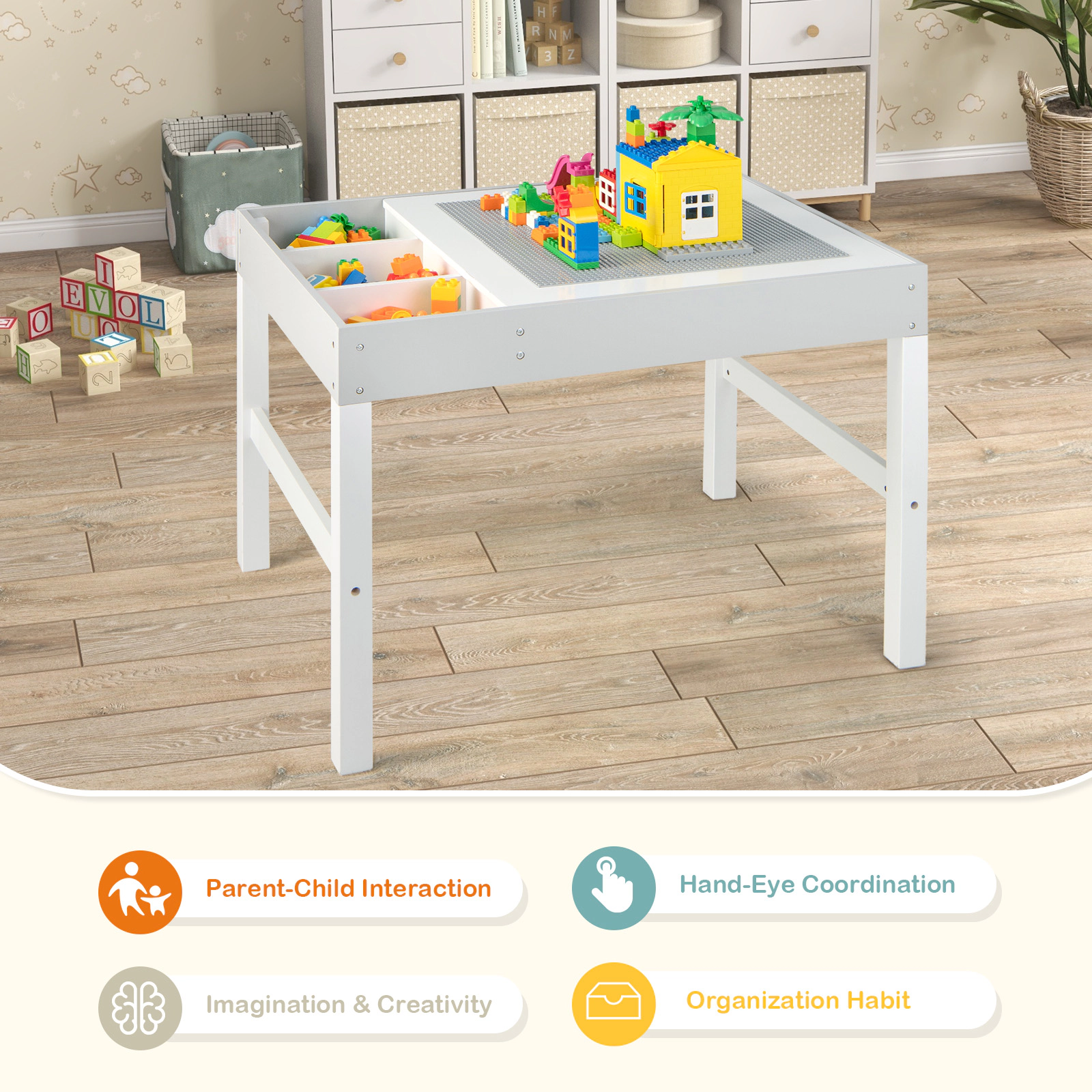 SUGIFT 3-in-1 Wooden Kids Table Storage & Double-Sided Tabletop 44-lb Lid Capacity Ages 3+ 31.5-in Wide White & Gray