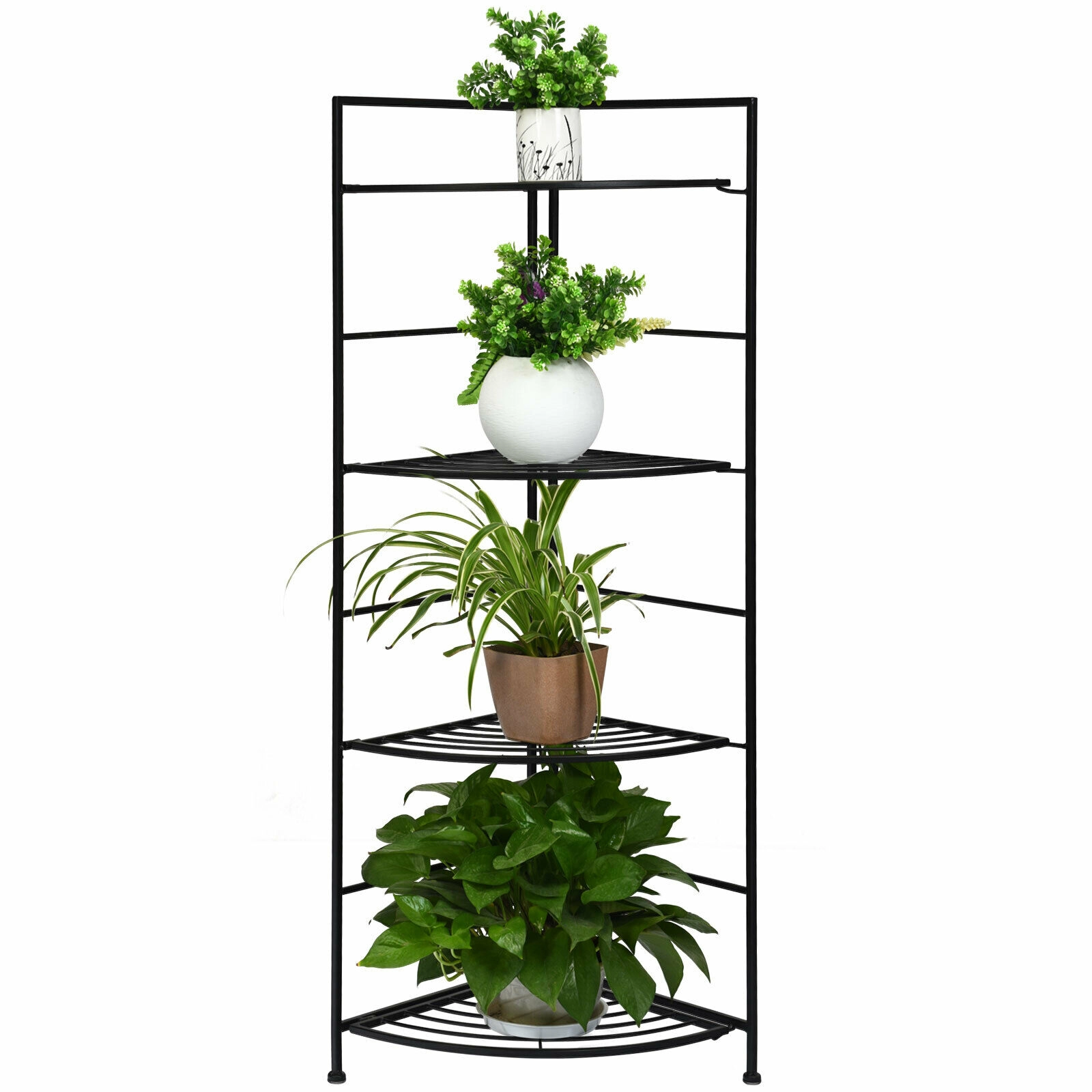 SUGIFT Black 4-Tier 46-in Tall Folding Metal Plant Stand Corner Flower Display Rack for Patio Balcony