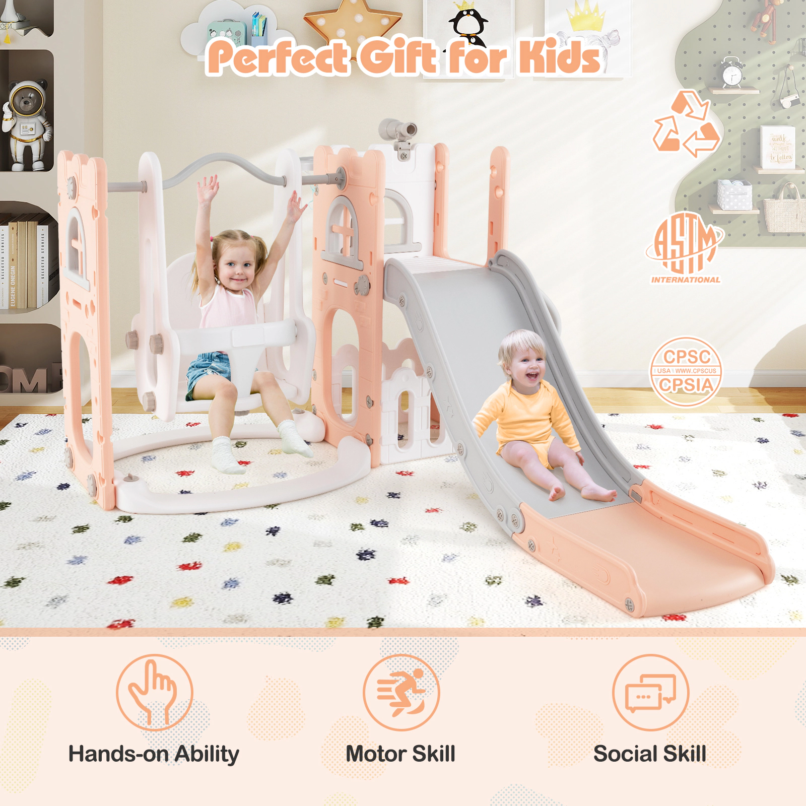 SUGIFT 7-in-1 Toddler Swing & Slide Set L-shaped with Ladder & Basketball Hoop 110-lb Capacity Ages 1-3 Pink & White