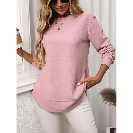 Enchanted Funland Womens Crew Neck Waffle Knit Long Sleeve Curved Hem Tunic Tops