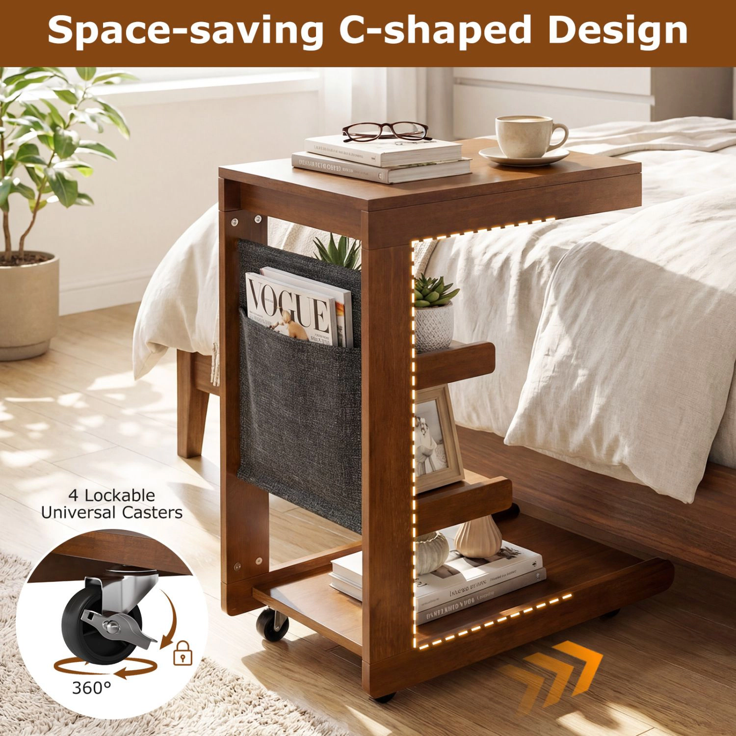 SlickBlue Adjustable C Table with Wheels and Storage Compartment