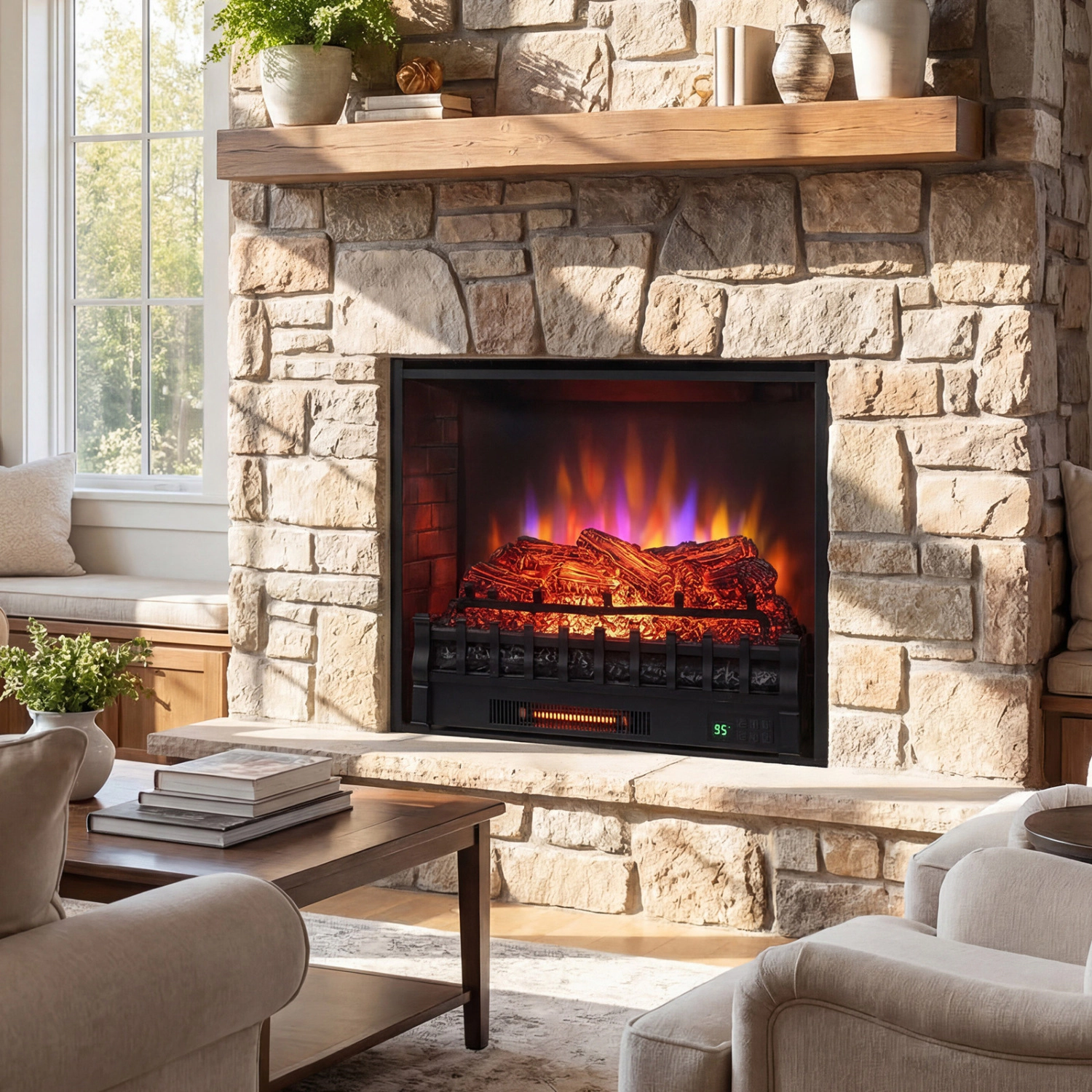 LJG 26 Inch WiFi Infrared Quartz Electric Fireplace Insert Logs Heater with Realistic Pinewood Logs