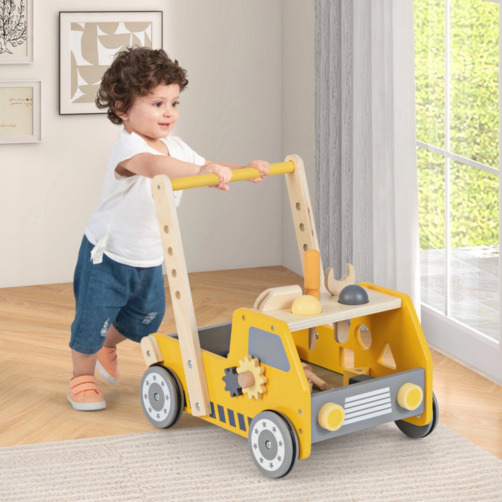 SUGIFT 2-in-1 Wooden Baby Walker and Kids Tool Bench with Adjustable Speed 16.5-in Tall 3+ Years Yellow Gray Blue