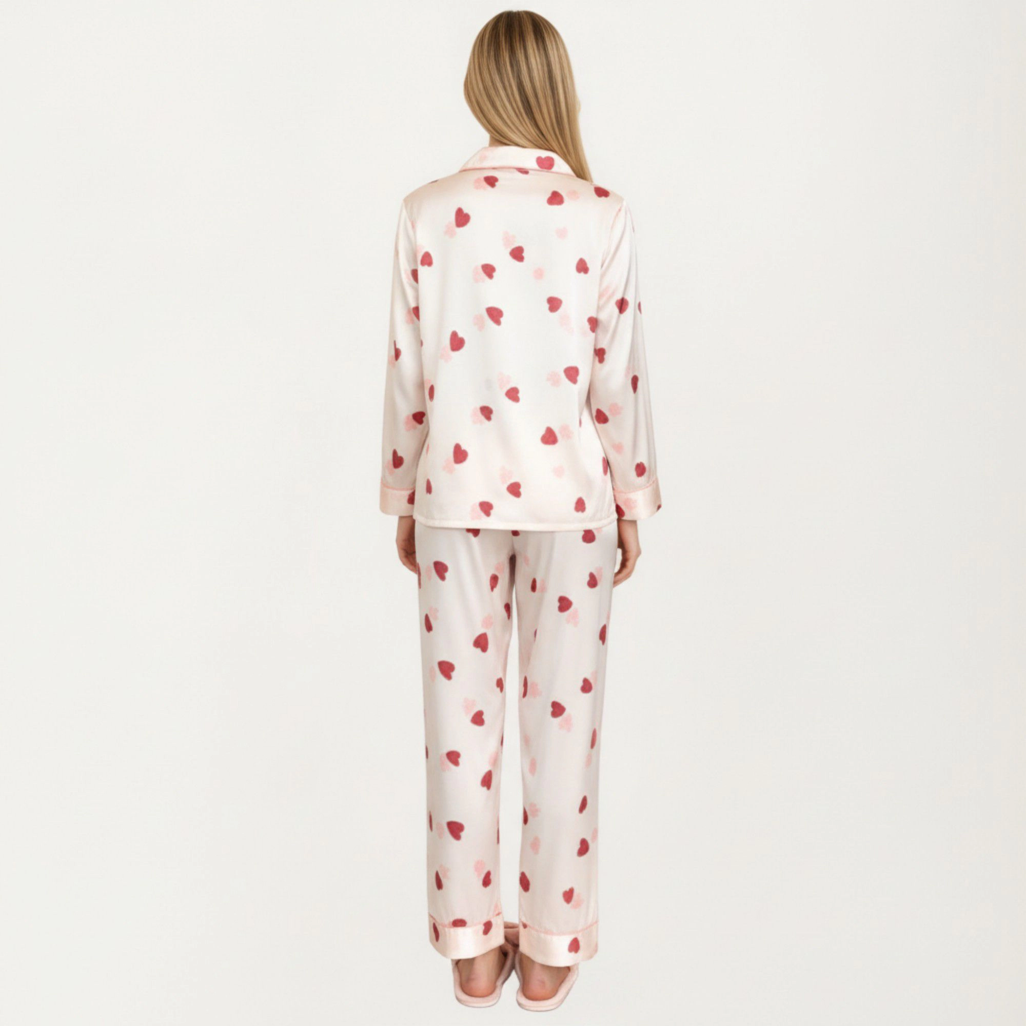 Anna-Kaci Women's 2-Piece Satin Valentine Heart Print Pajama Top Contrast Piping Matched Relaxed Straight Leg Pants