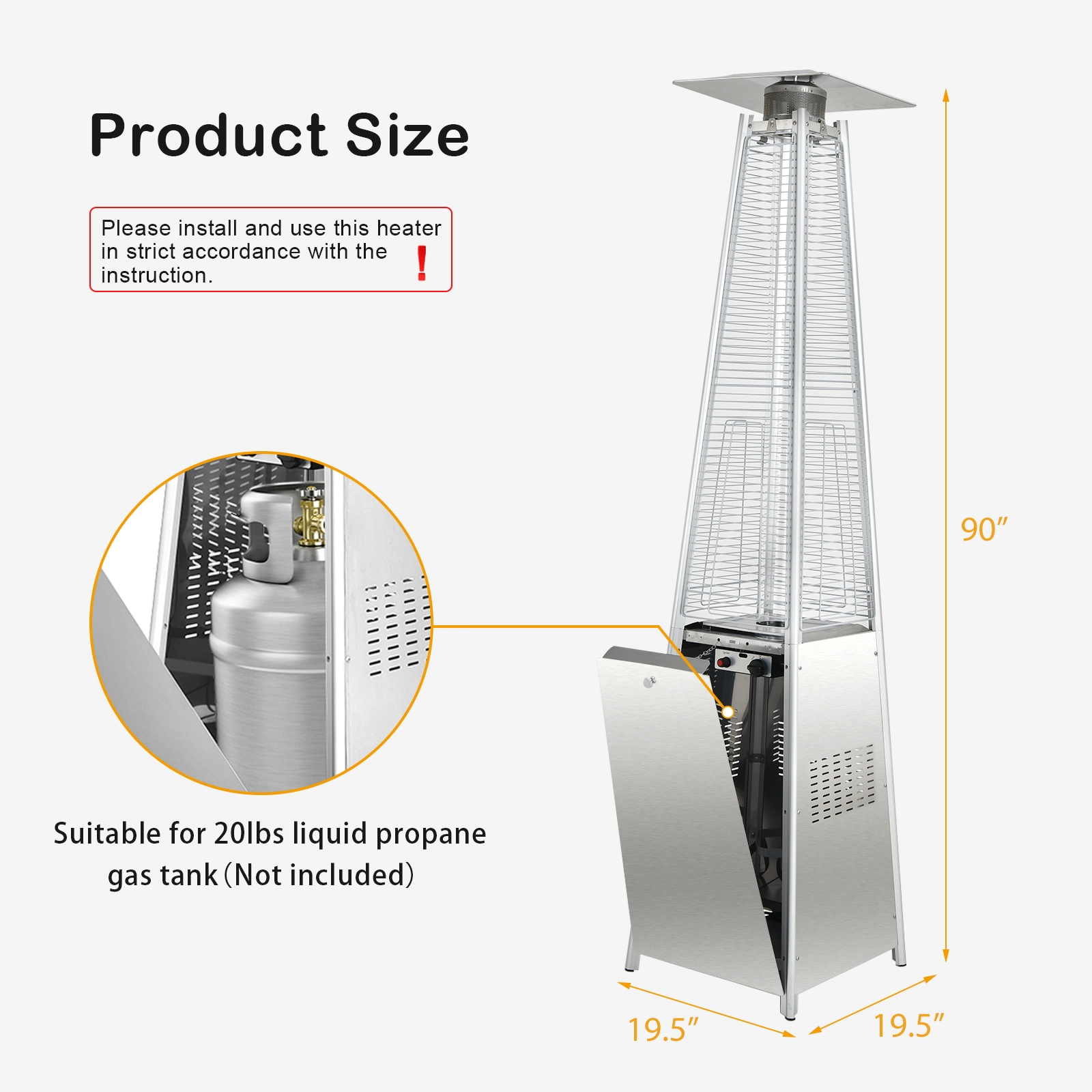 SUGIFT 42000 BTU Pyramid Patio Heater with Reflective Cover Stainless Steel Burner 90-in Tall Silver with Wheels