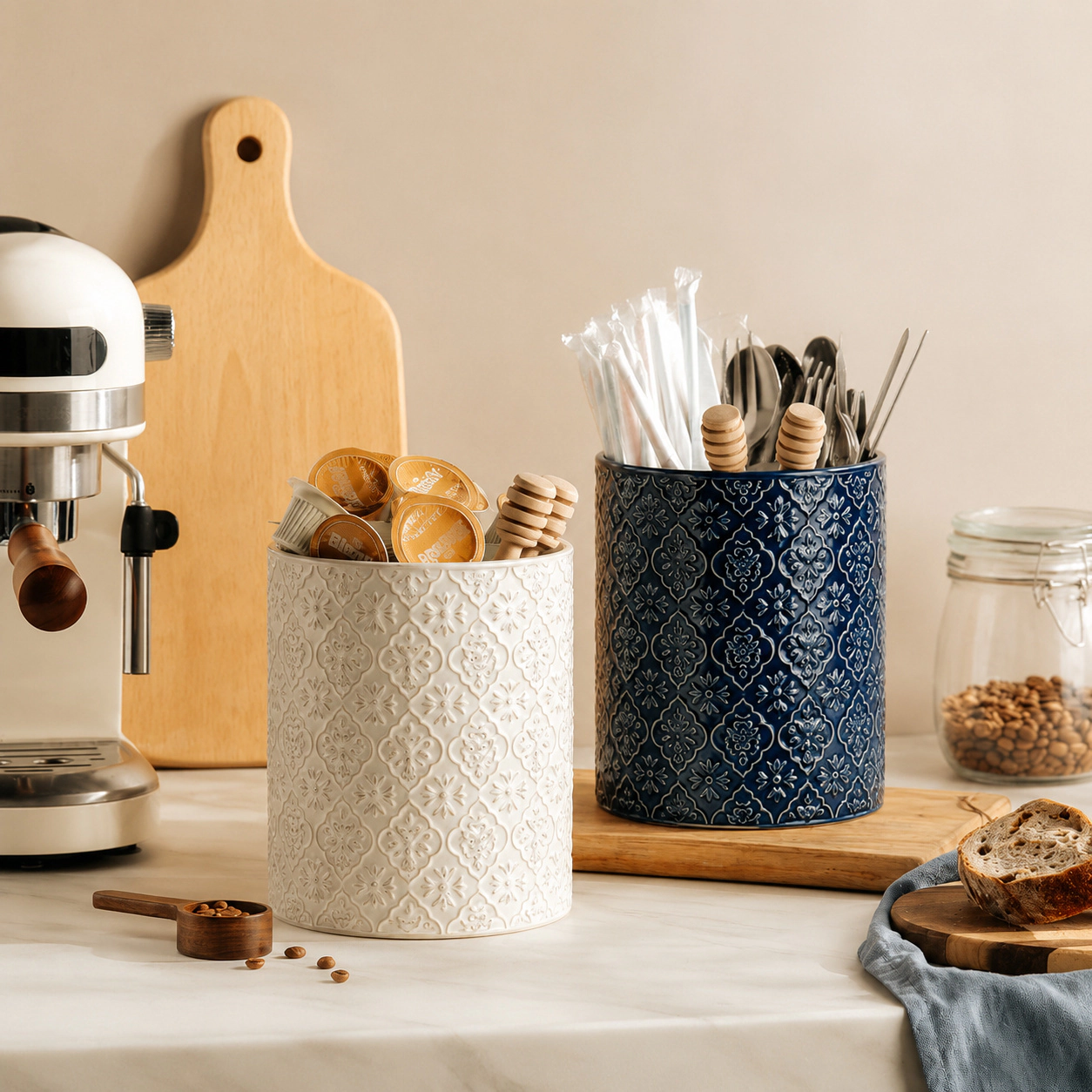 WZK Large Ceramic Embossed Crock Kitchen Utensil Holder