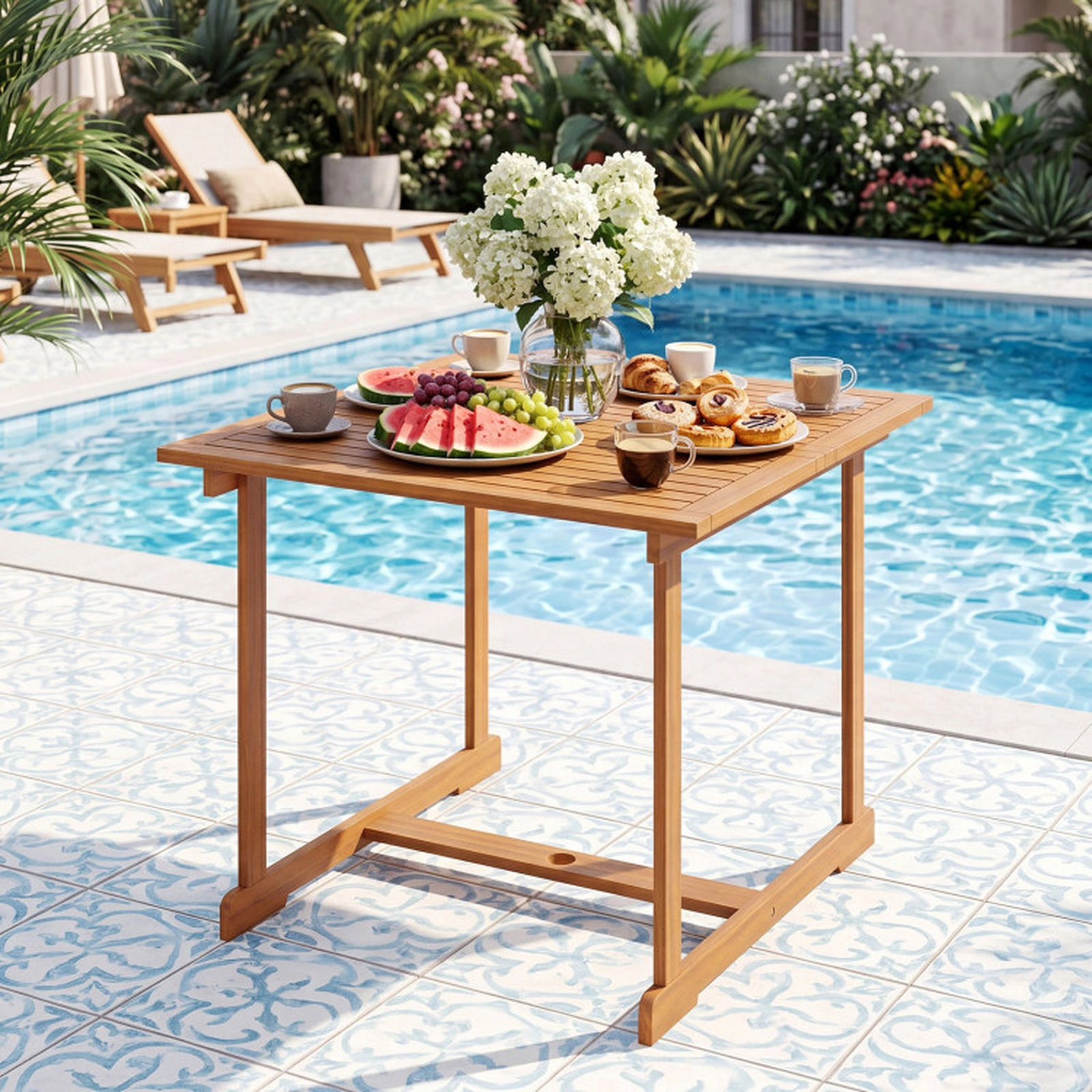 SUGIFT 35.5-in Square Acacia Wood Outdoor Dining Table for 4 with Umbrella Hole