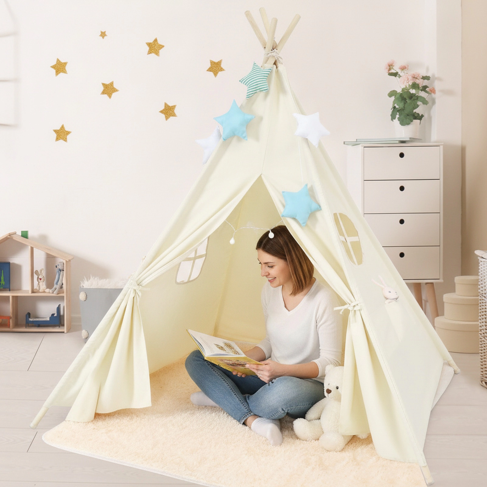 Foldable Kids Teepee Play Tent 47-in Cotton Canvas Tent with Pine Wood Poles Side Pockets Window and Carrying Bag Beige