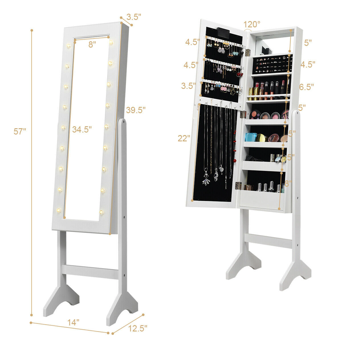 SUGIFT 57 in Mirrored Jewelry Armoire White Organizer Cabinet with 18 Marquee LED Lights
