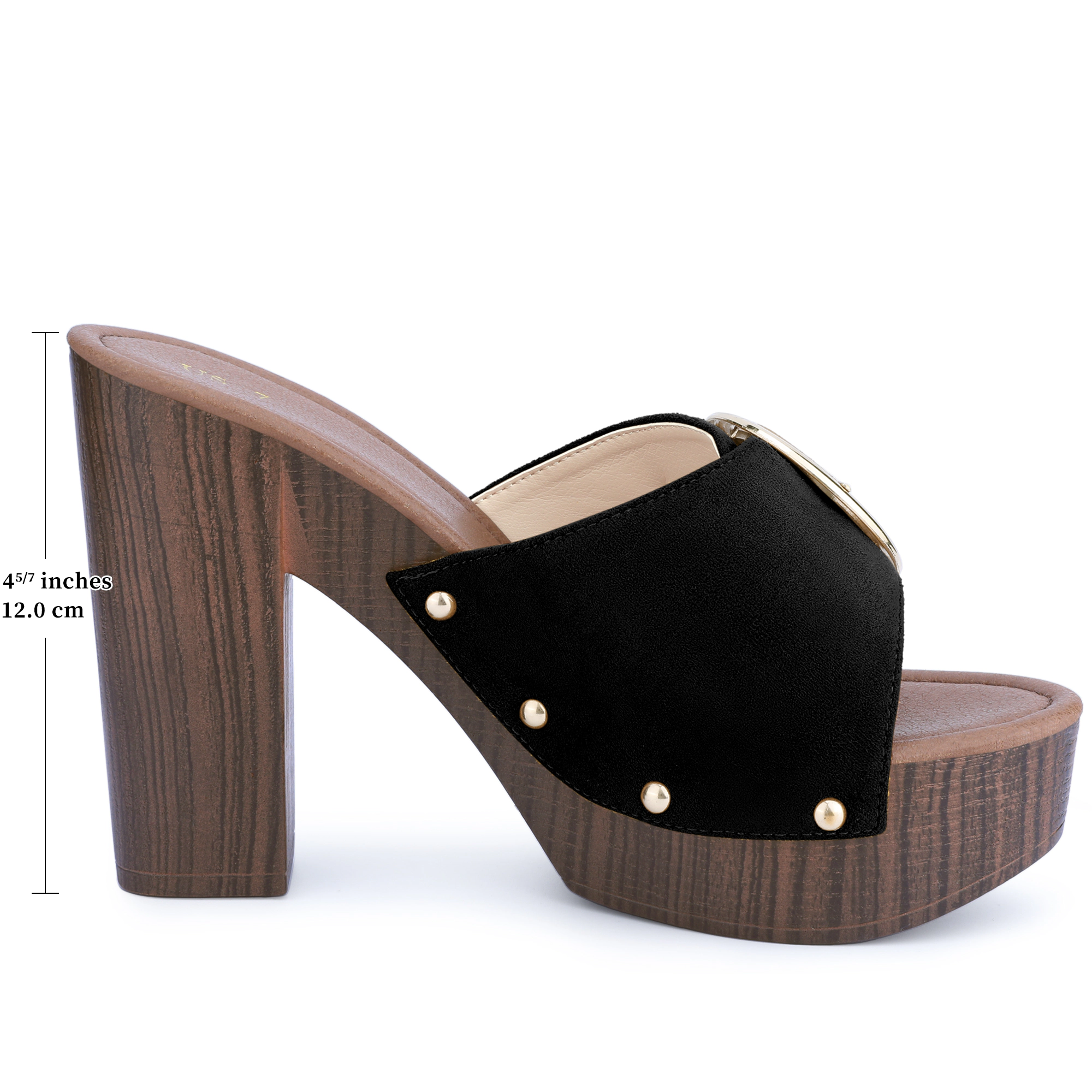 BLISSFUL STEP Women's Faux Suede Buckle Slip on Platform Chunky Heels Sandals