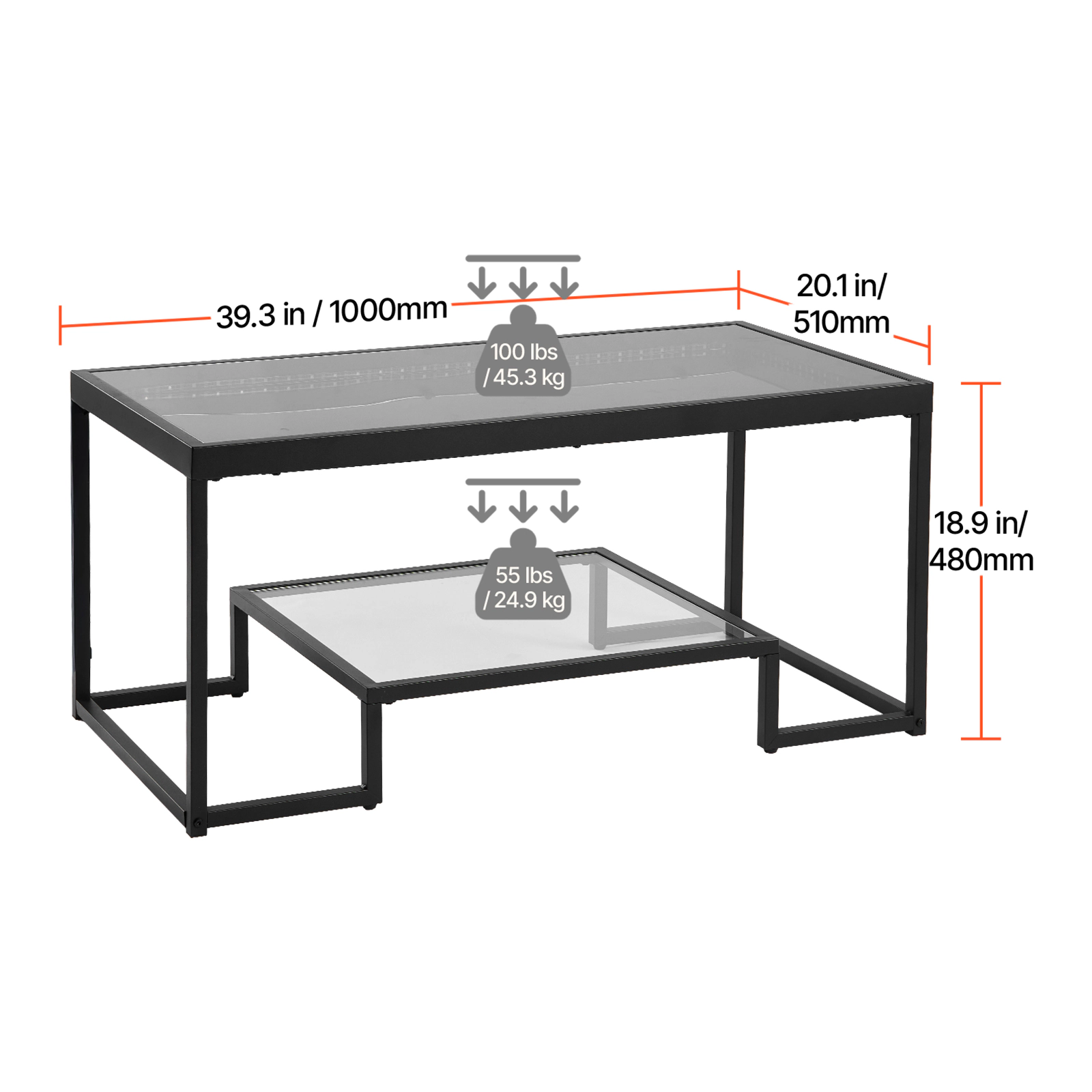 HONGGE Coffee Table Modern Tempered Glass Coffee Table with 2 Tiers Rectangle Glass Center Desk with Open Storage