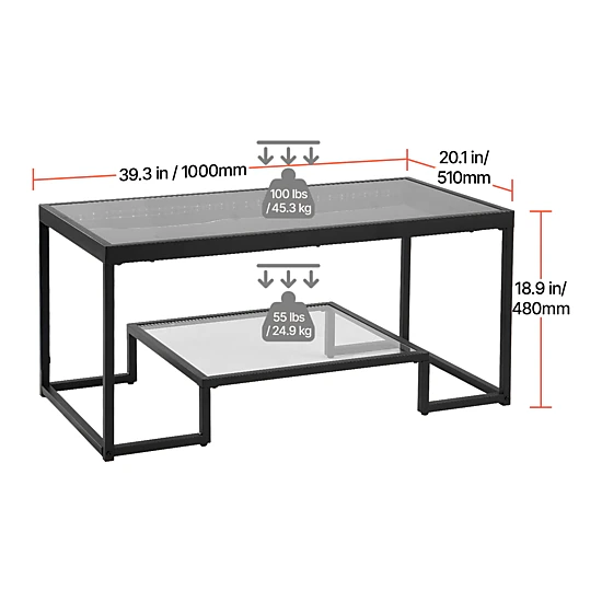 HONGGE Coffee Table Modern Tempered Glass Coffee Table with 2 Tiers Rectangle Glass Center Desk with Open Storage