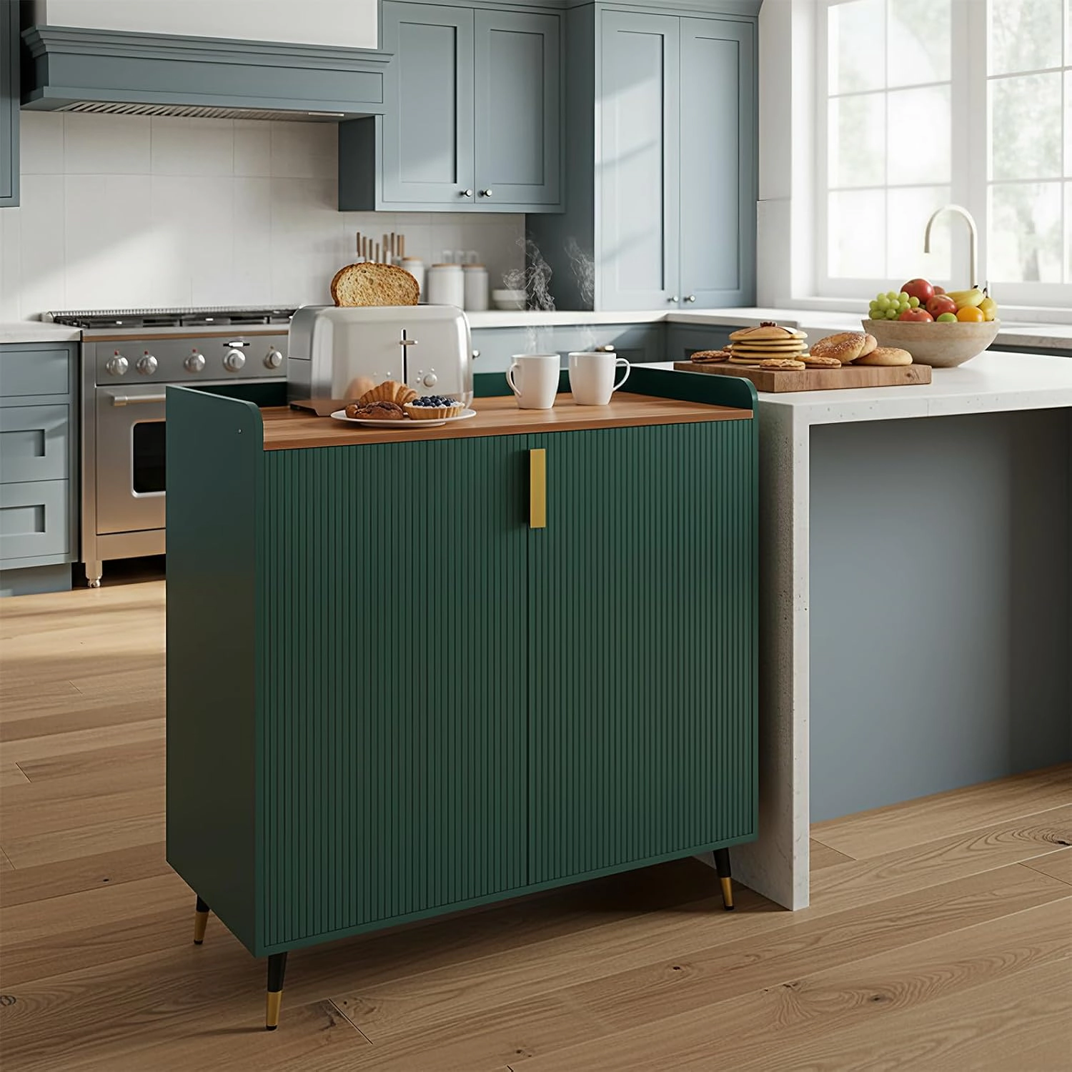 BebreezChic Modern Small Sideboard Buffet Cabinet with Fluted Doors, Wine Bar & Coffee Bar, Wine Rack