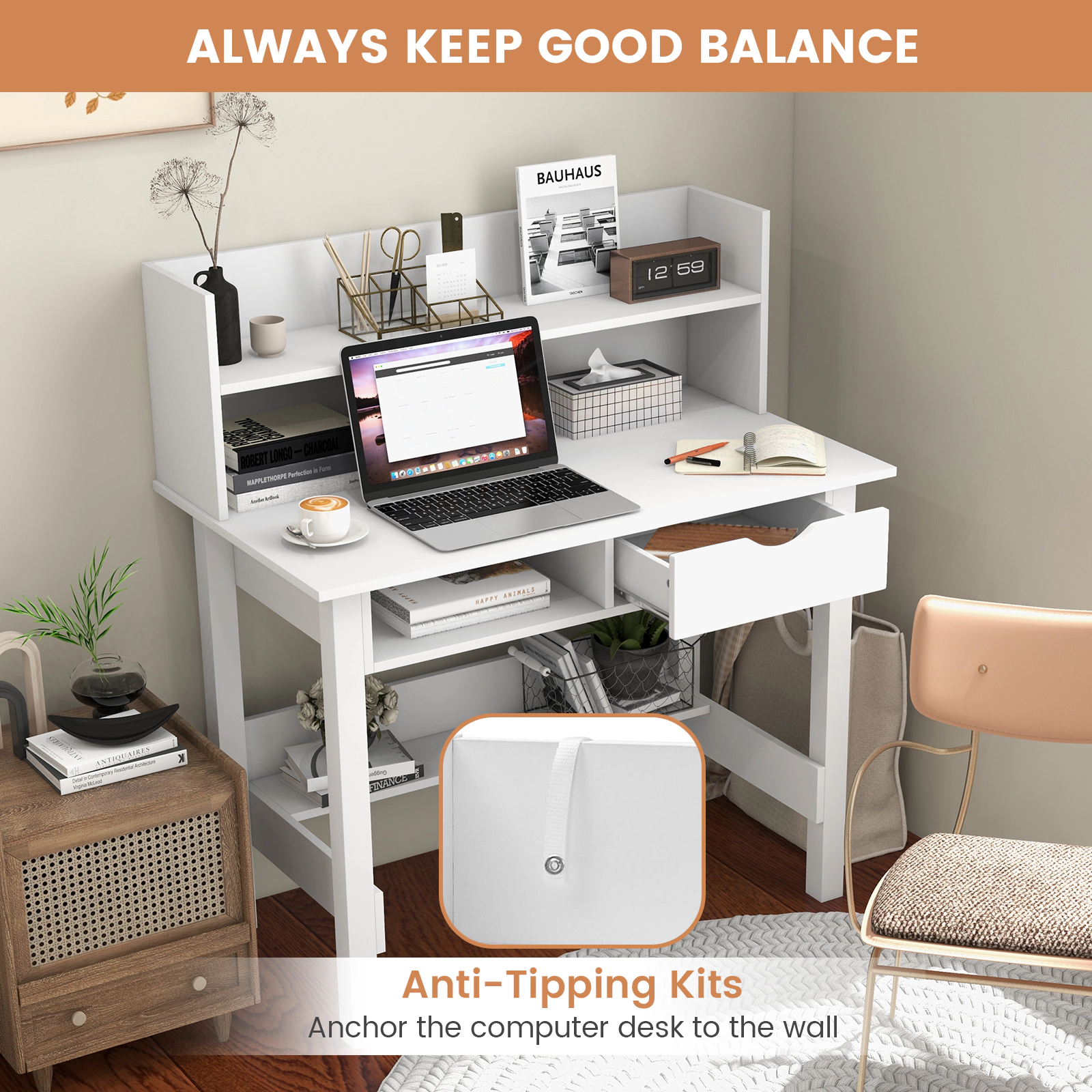 SUGIFT 37.5-Inch White Home Office Desk with Hutch, Drawer, Guardrail and USB Power Outlet