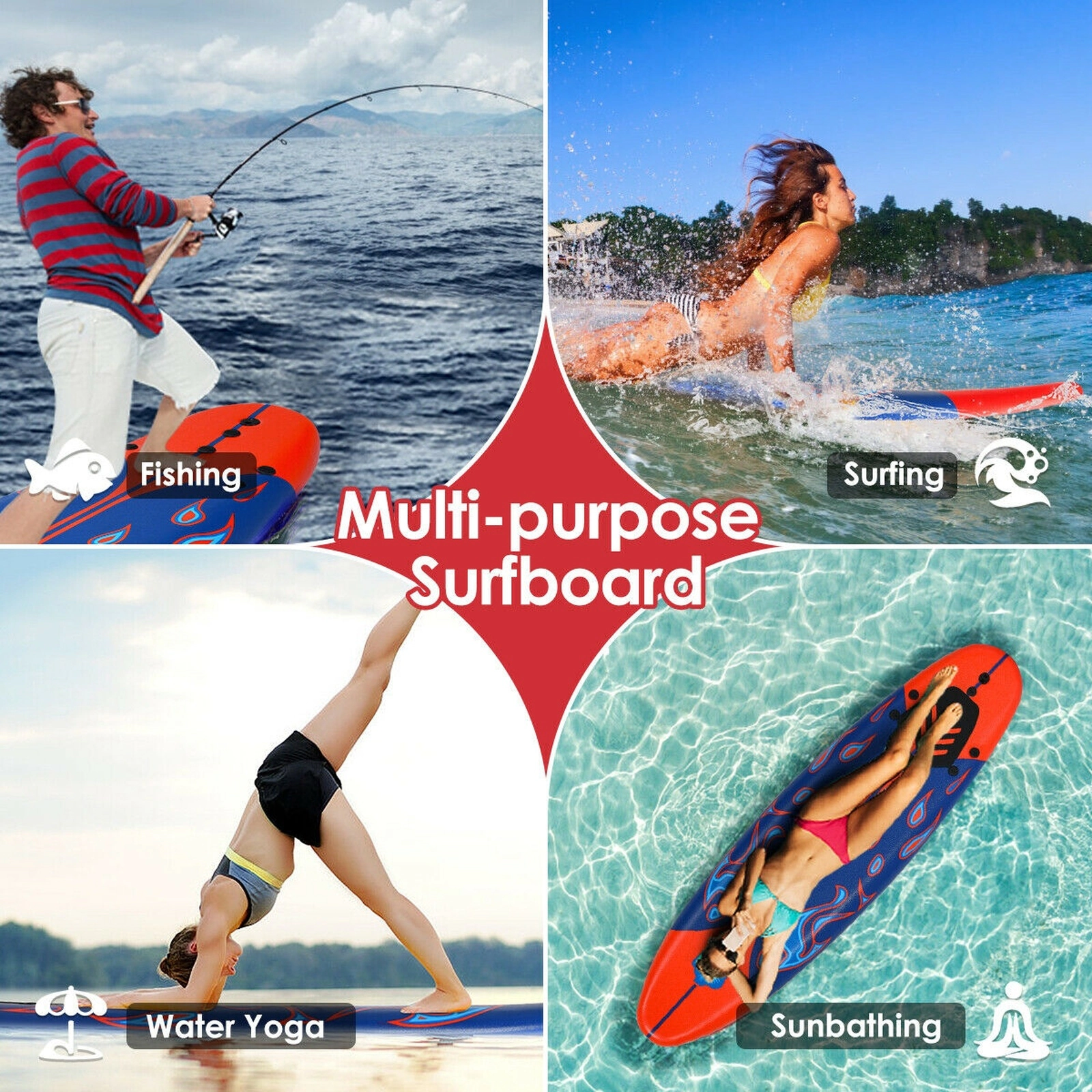 SUGIFT 6-ft 200-lb Capacity Slick Bottom Soft Top Foam Surfboard with 3 Detachable Fins Leash and Traction Pad