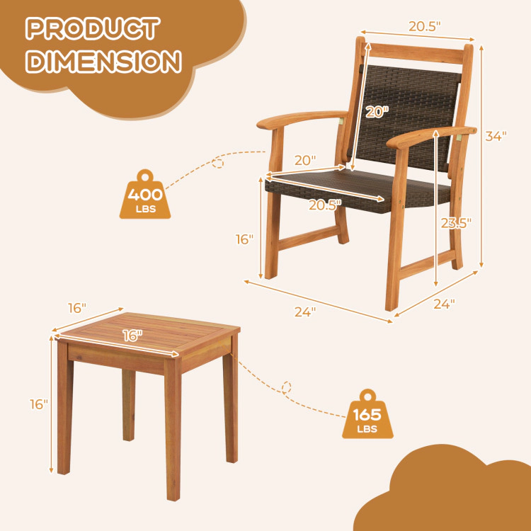 Hivvago 3 Pieces Rattan Bistro Set With Acacia Wood Frame For Garden