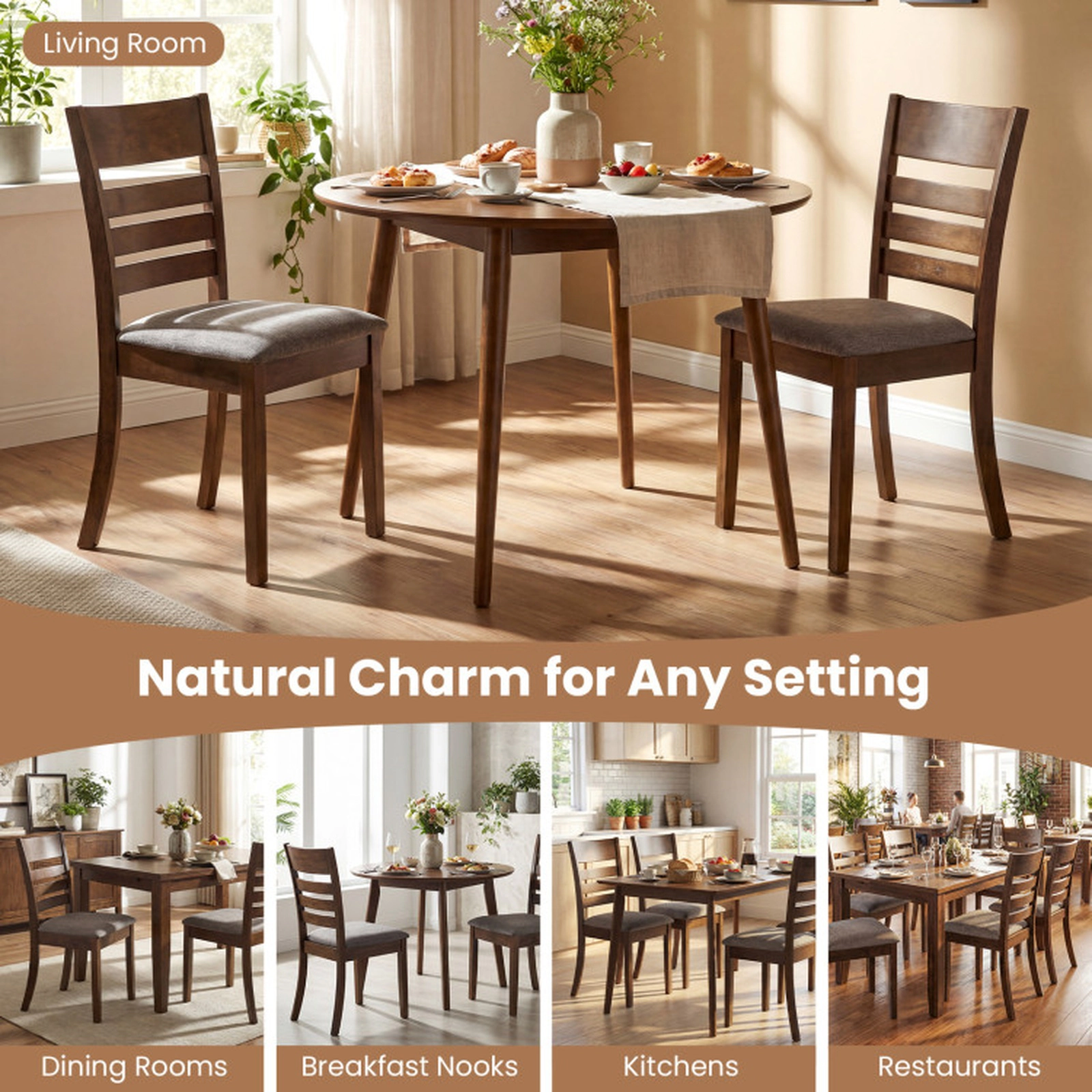 SUGIFT Set of 4 Rubber Wood Slatted Back Upholstered Dining Chairs 17-in x 20.5-in x 35.5-in 346-lb Capacity Brown
