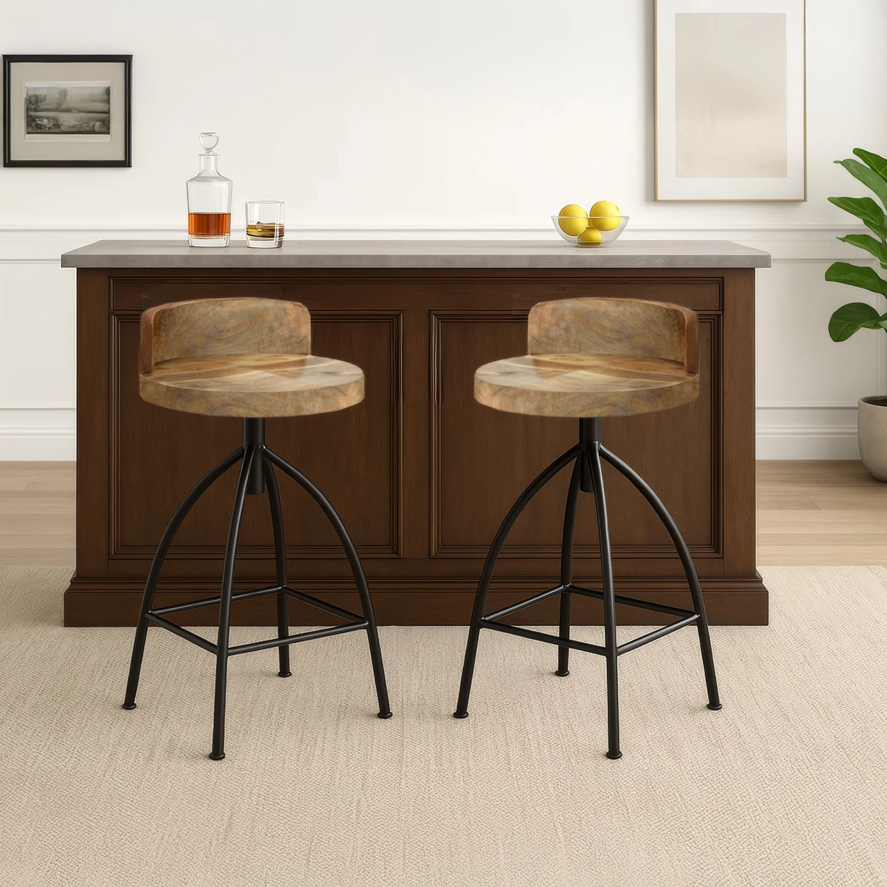 The Urban Port Pia 32-35 Extra Tall Adjustable Barstool, Set of 2, Natural Brown Mango Wood Seat, Black Iron Frame