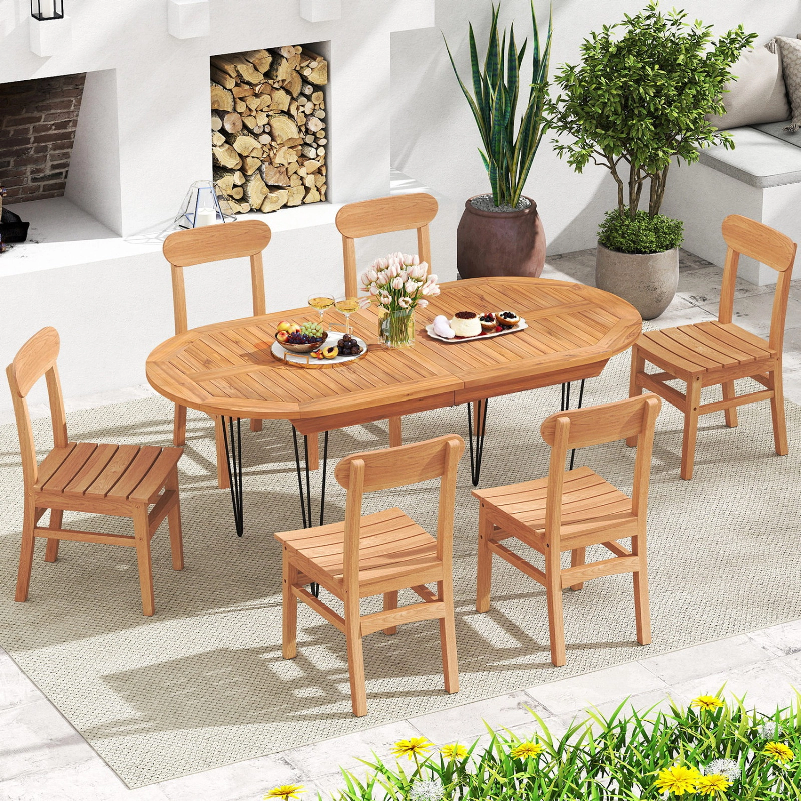 SUGIFT Teak Wood Armless Patio Dining Chair with Slatted Seat 220-Lb Capacity 18-in Seat Height Natural