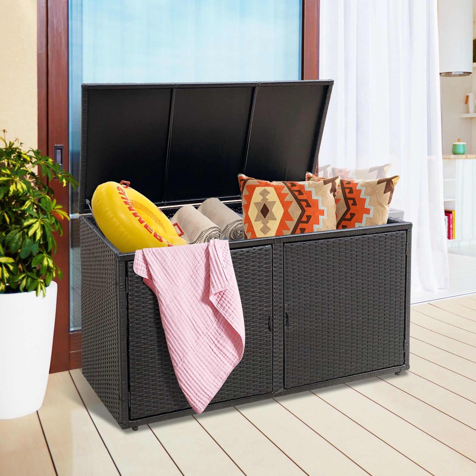 SUGIFT 88 Gallon Garden Patio Rattan Storage Box with Adjustable Feet and Shelf 110-lb Capacity Black