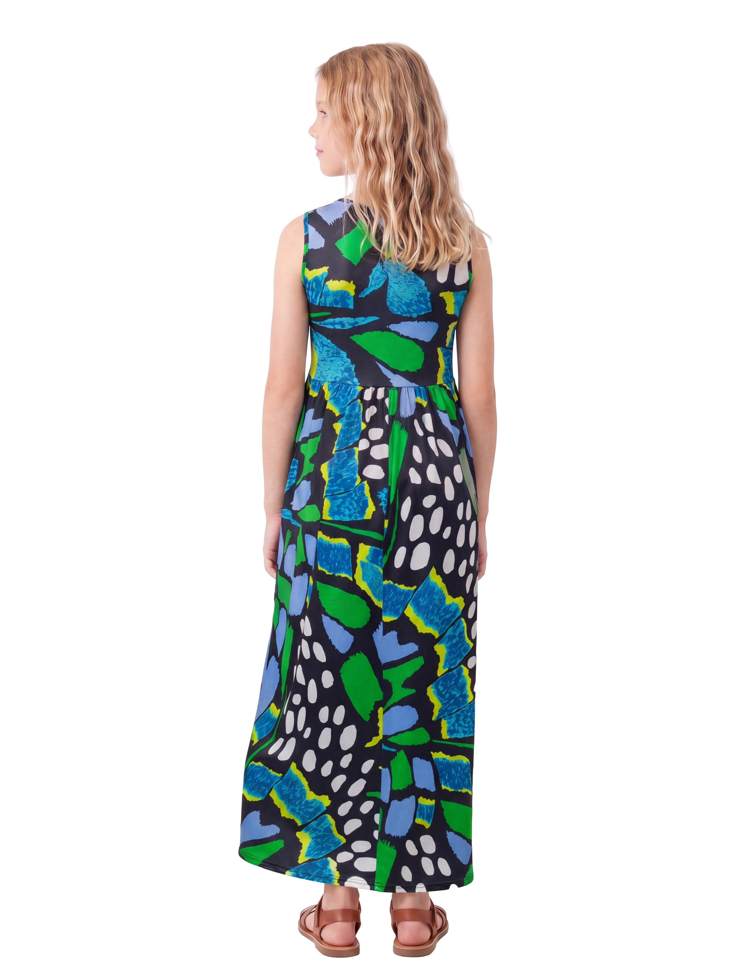 24sevenKid Essential Girls Blue Butterfly Print Sleeveless Maxi Pocket Dress