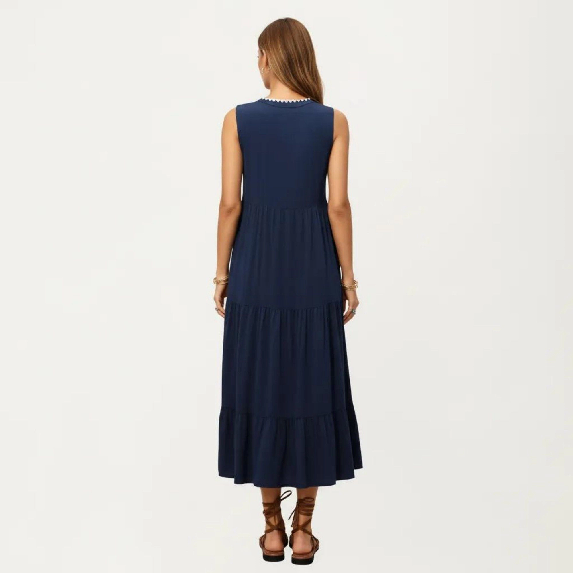 Anna-Kaci Women's Sleeveless V Neck Contrast Trim Detail Tiered Skirt Relaxed Flowy Fit Midi Dress