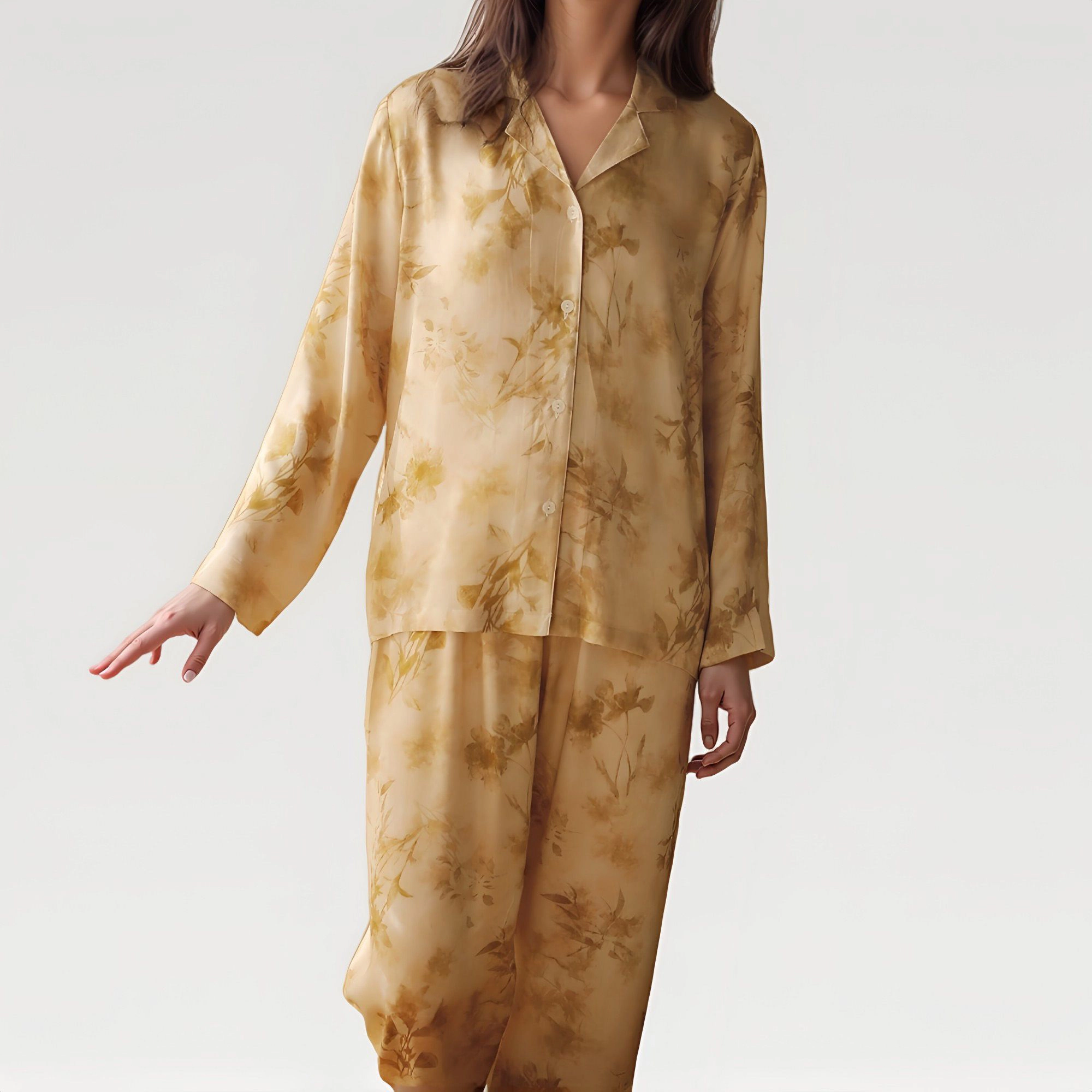 Anna-Kaci Women's Satin Pajama Set with Golden Botanical Print Long Sleeve Button Up Top and Relaxed Fit Pants