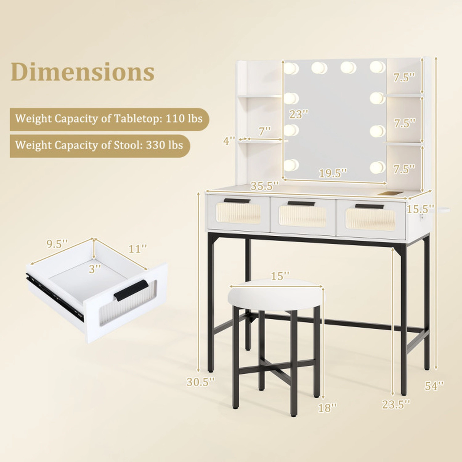 SUGIFT 35.5-in White Vanity Makeup Desk with 10-Bulb Hollywood Mirror Charging Station and Anti-Tip Kit