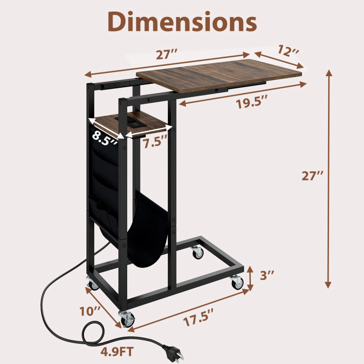 Hivvago C-Shaped End Table With Charging Station And Retractable Tabletop-Coffee