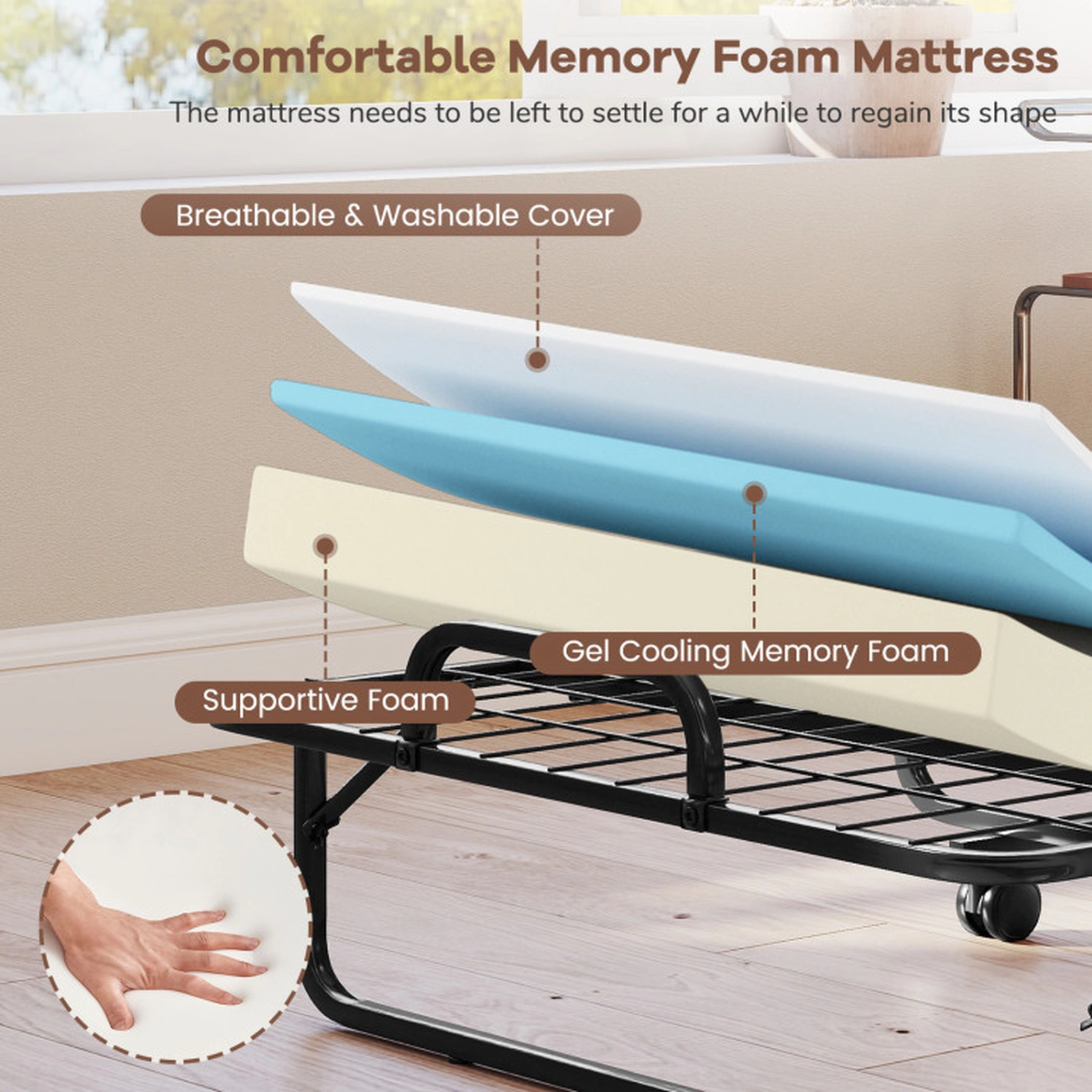 SUGIFT Twin Size Folding Portable Bed with 5-in Mattress 480-lb Capacity White Mattress Black Frame 75-in Long