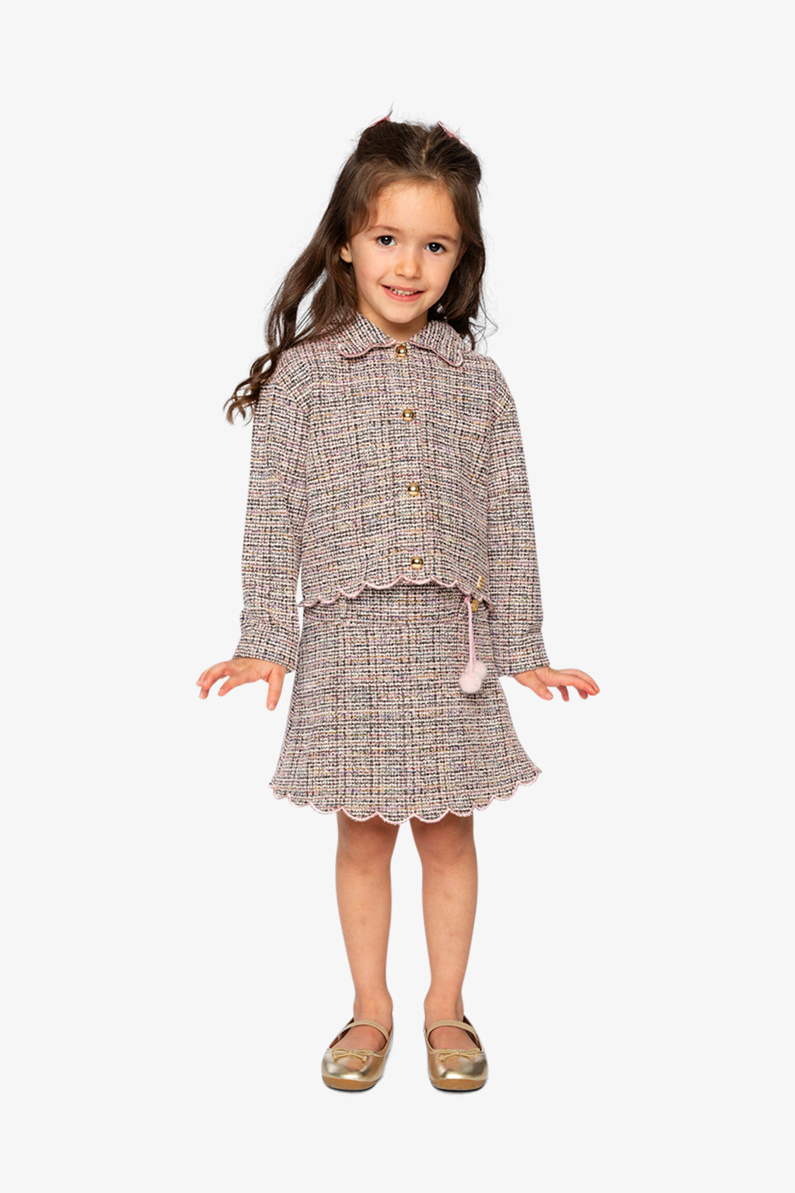 Deux par Girls Knit Short Jacket with Button Front and Scalloped Collar Hem