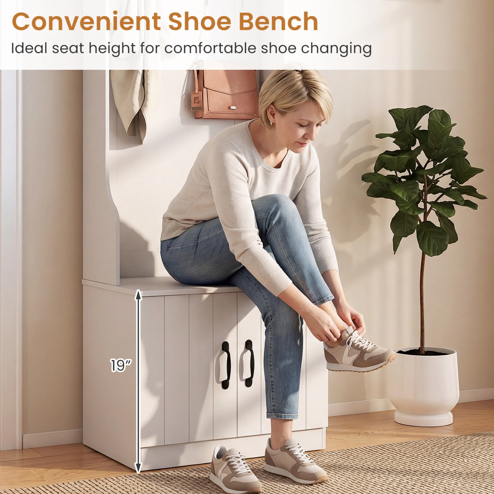 SUGIFT White 23.5-in Wide 3-in-1 Hall Tree with Bench Shoe Cabinet and 4 Double Hooks for Mudroom