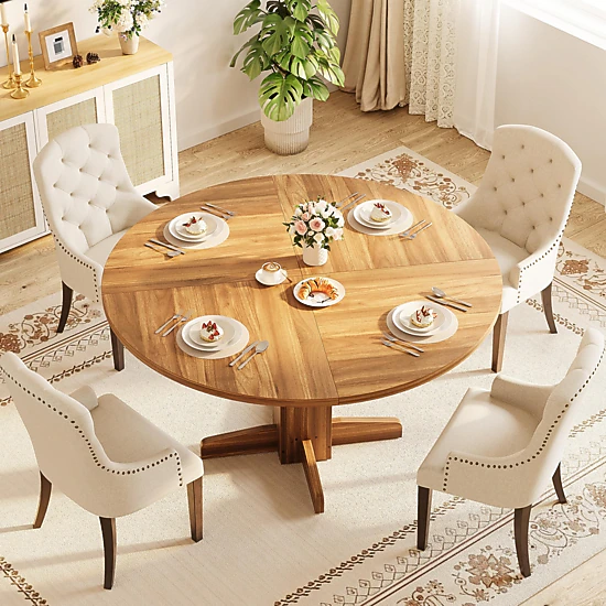 BebreezChic 47" Round Dining Table for 4-6 People, Wood Kitchen Table with Pedestal Base, Farmhouse Style