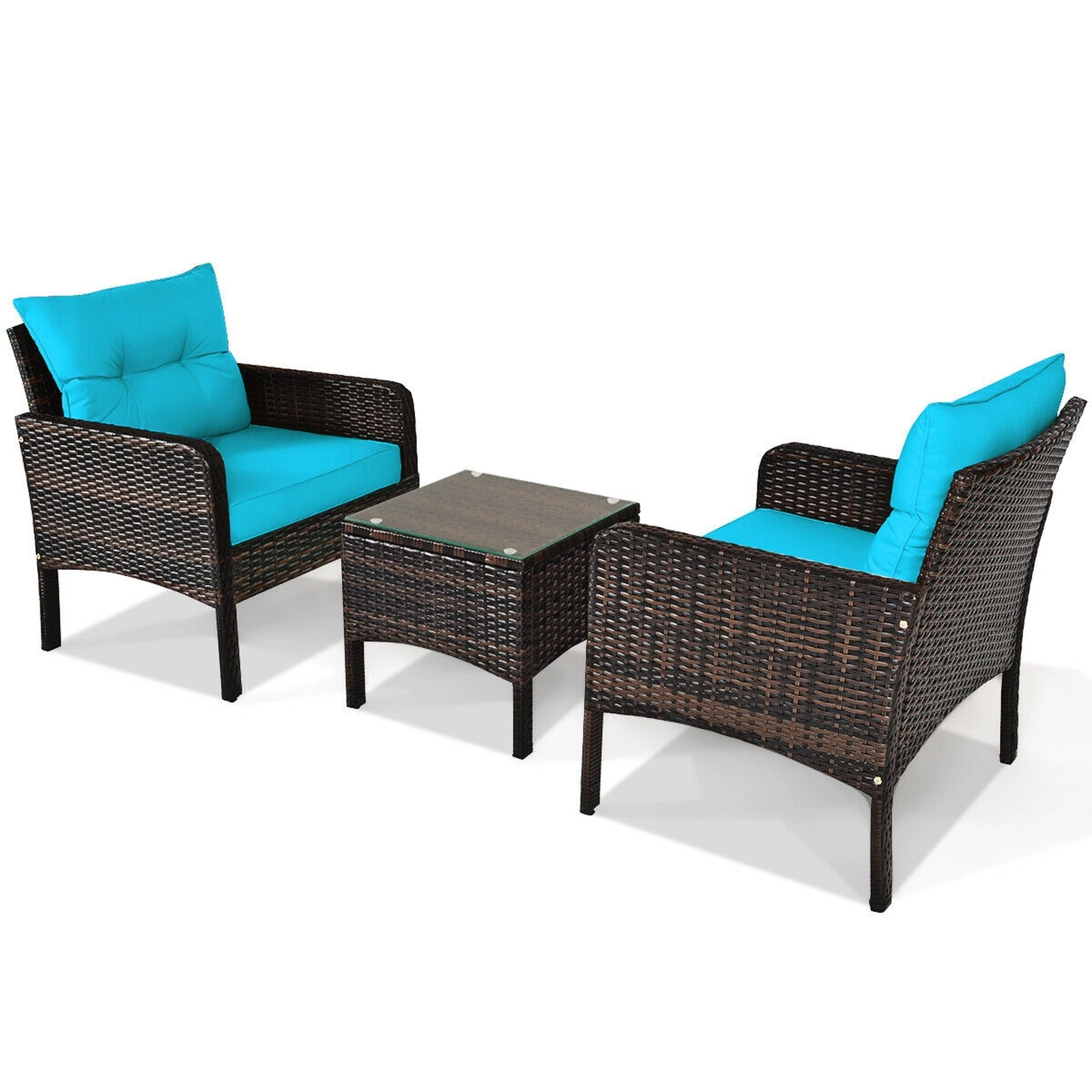 SUGIFT 3-Piece Turquoise Outdoor Wicker Patio Conversation Set with Glass Table