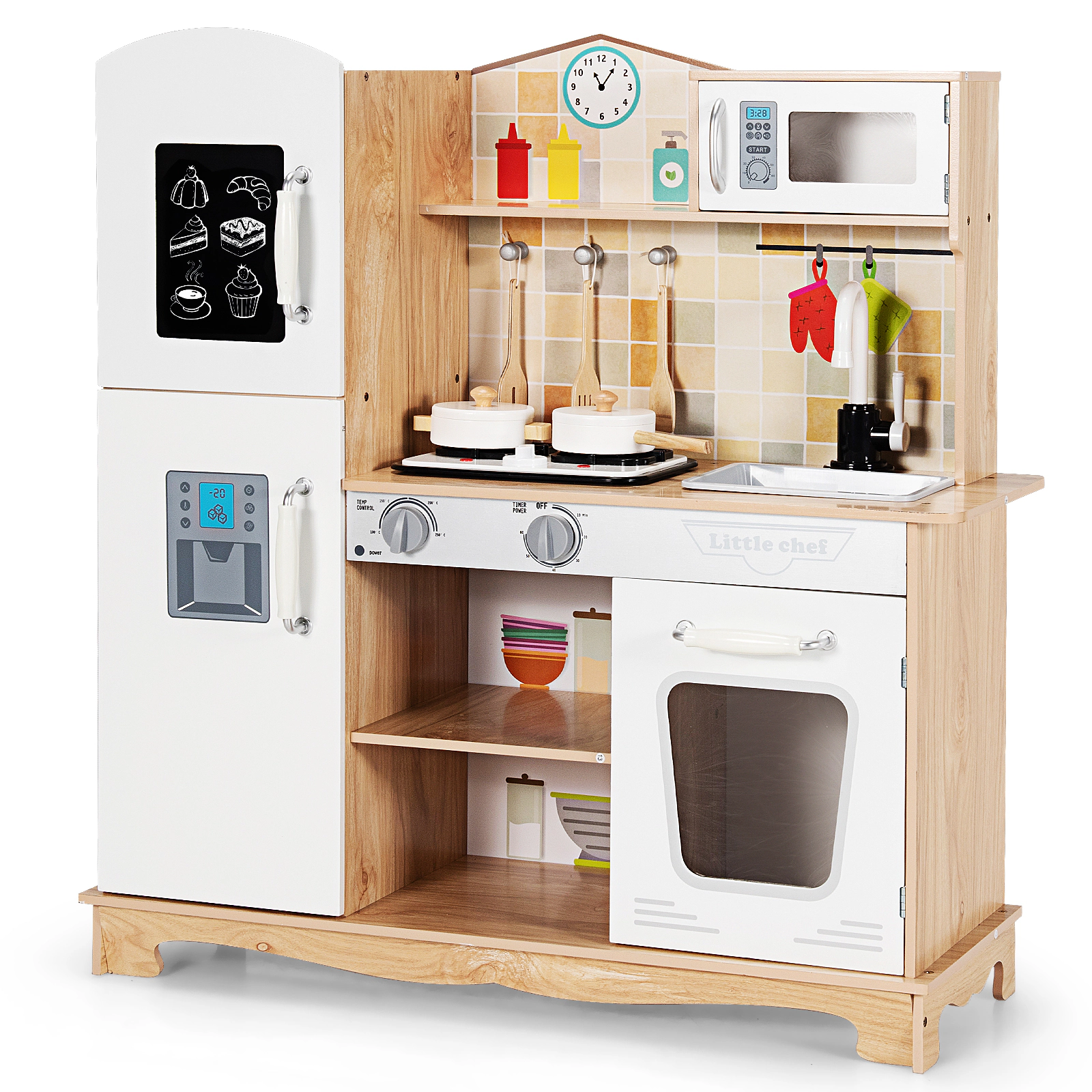 LJG Wooden Kids Pretend Kitchen Playset Cooking Play Toy with Utensils and Sound