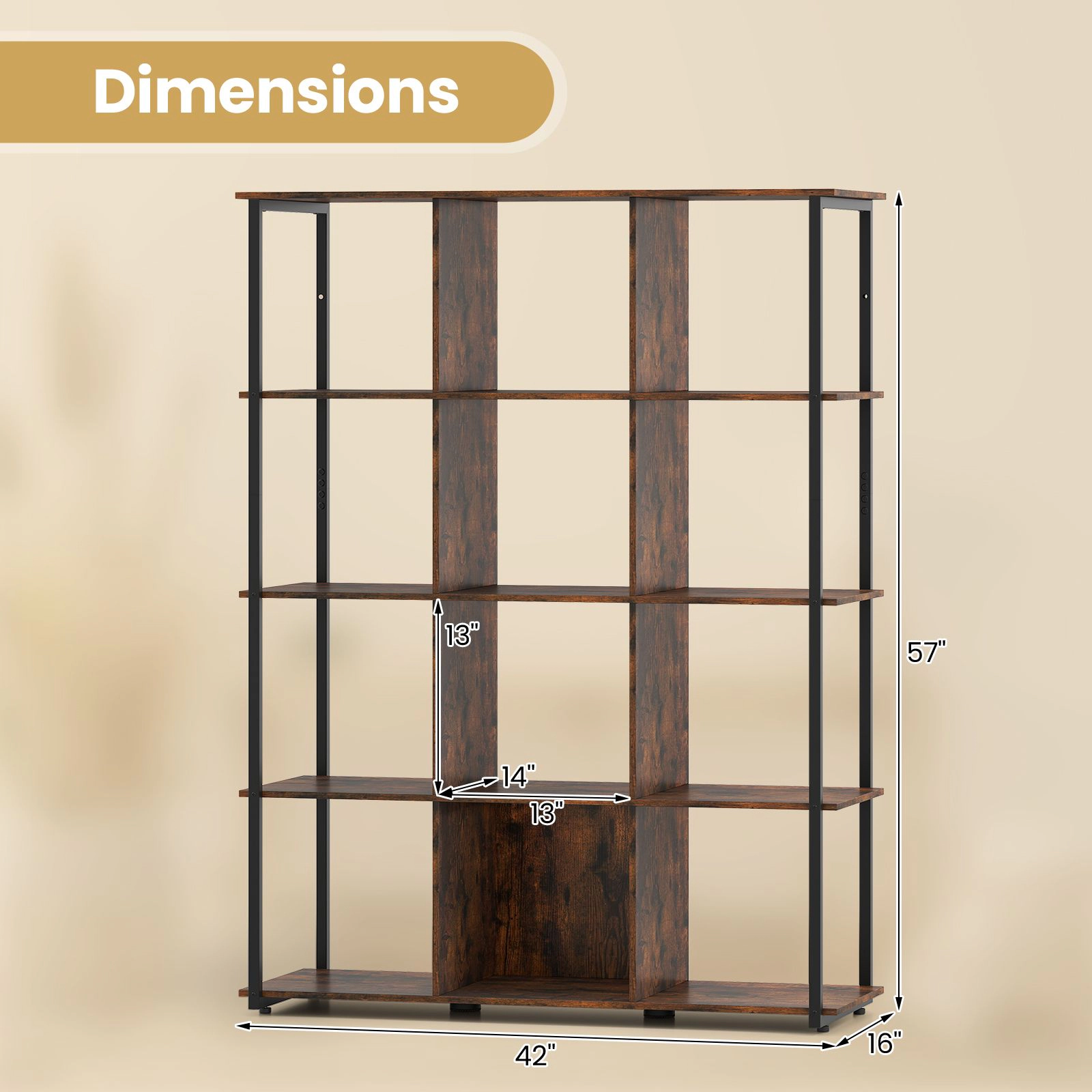 SlickBlue Unisex Rustic 12-Cube 5-Tier Industrial Storage Bookshelf
