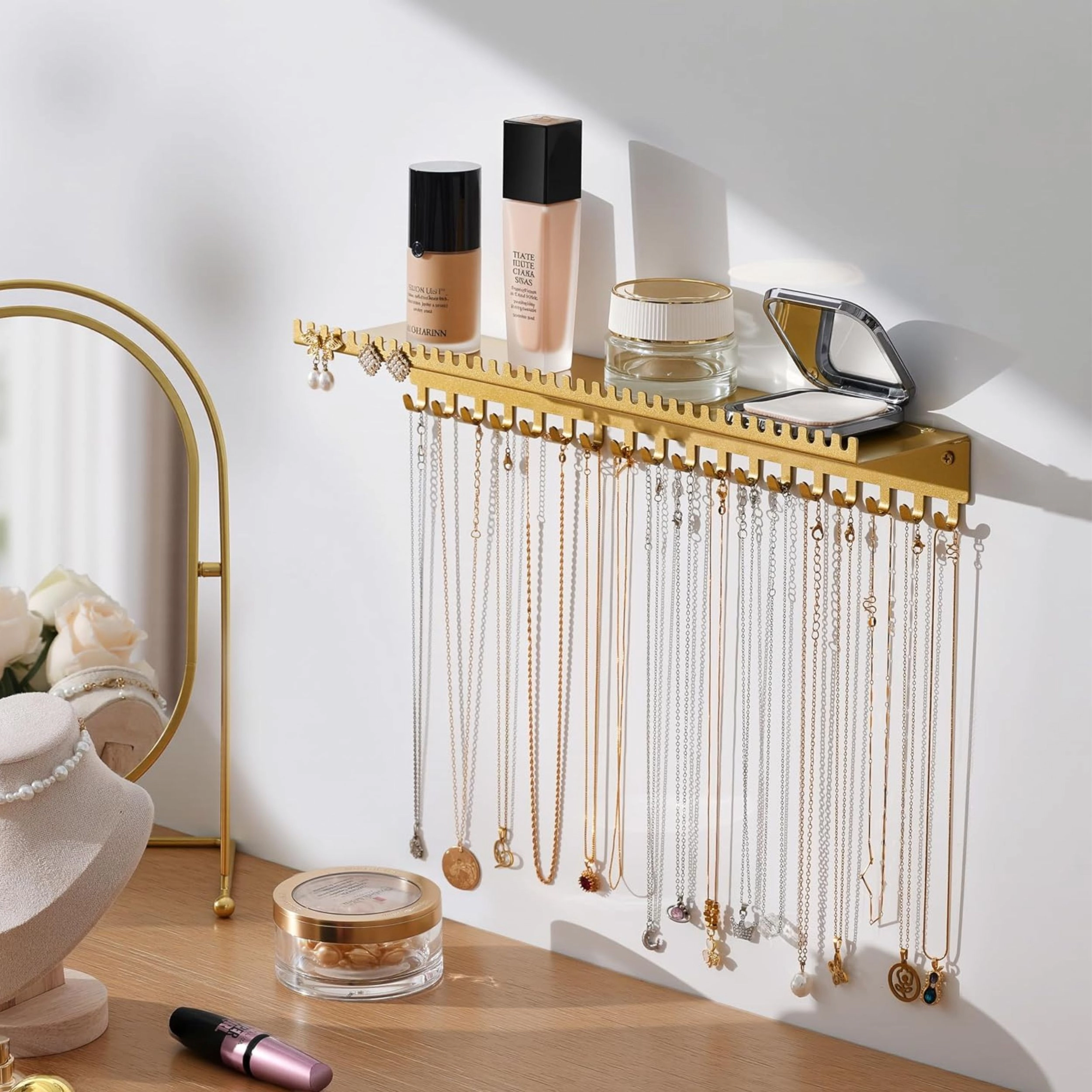 Stock Preferred Wall Mounted Jewelry Organizer with Shelf and 56 Hooks for Necklaces