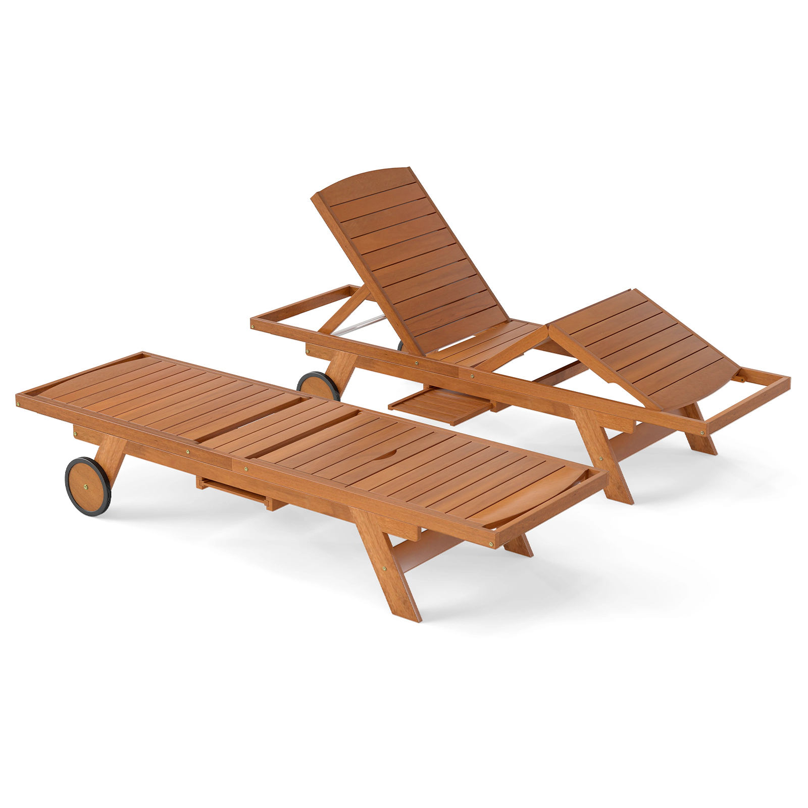 SUGIFT Wheels 4-Position Backrest and Extendable Side Table Natural Wood Outdoor Chaise Lounge