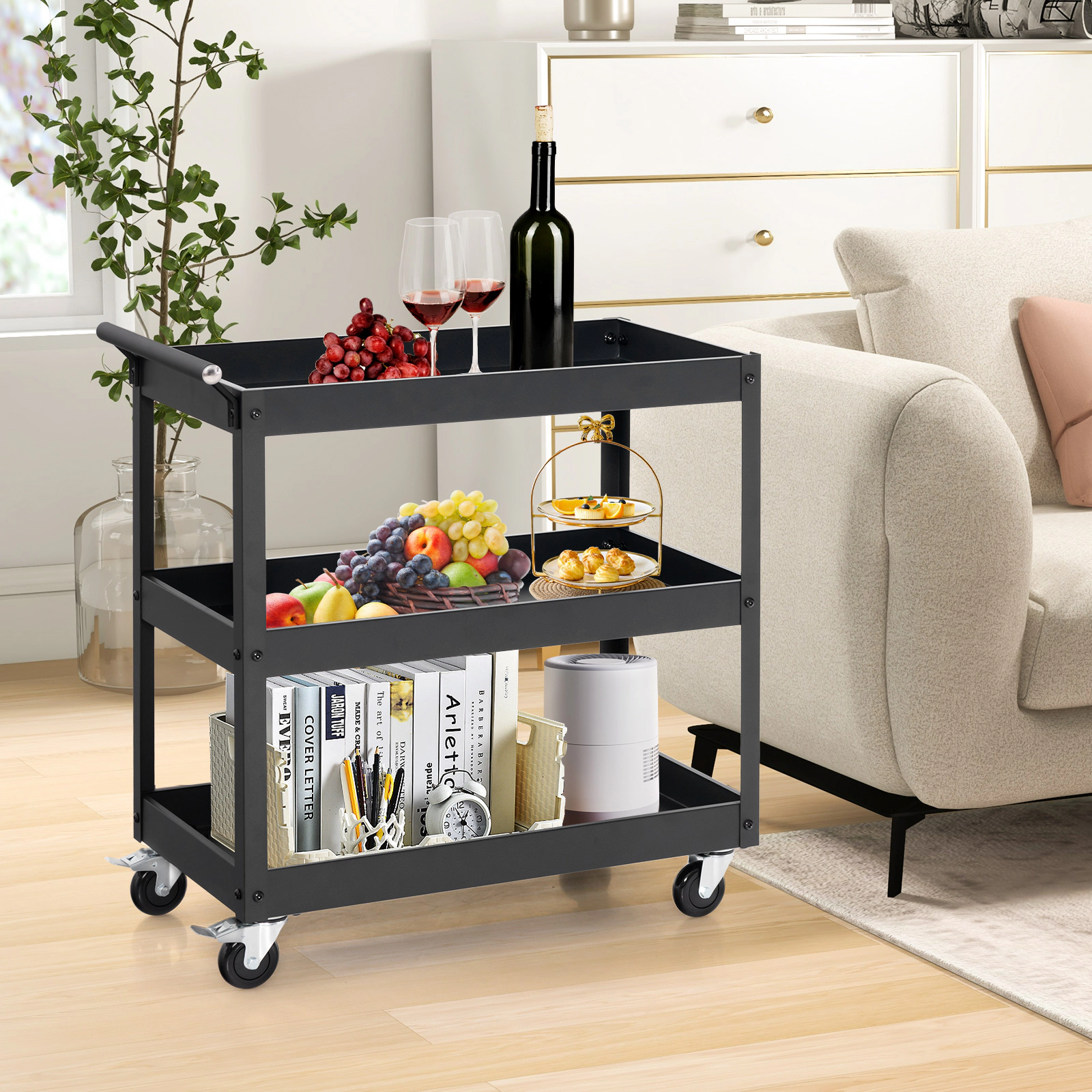 SUGIFT 3-Tier Rolling Utility Cart with Handle and 360° Wheels 110-lb Capacity per Tier Black/Red