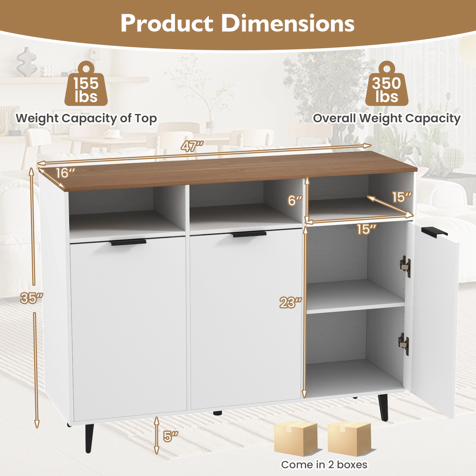 SUGIFT 47-in 350-lb Overall 155-lb Top White Sideboard Buffet Cabinet with 3 Open Compartments and 3 Doors