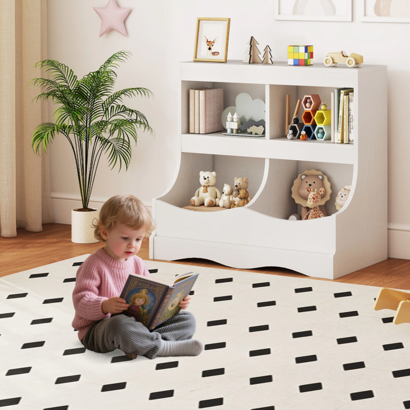 SUGIFT Kids 4-Cubby Rounded Corners Spacious Top Shelf Wooden Storage Bookcase 26.5-in x 16-in x 24.5-in 132-lb White