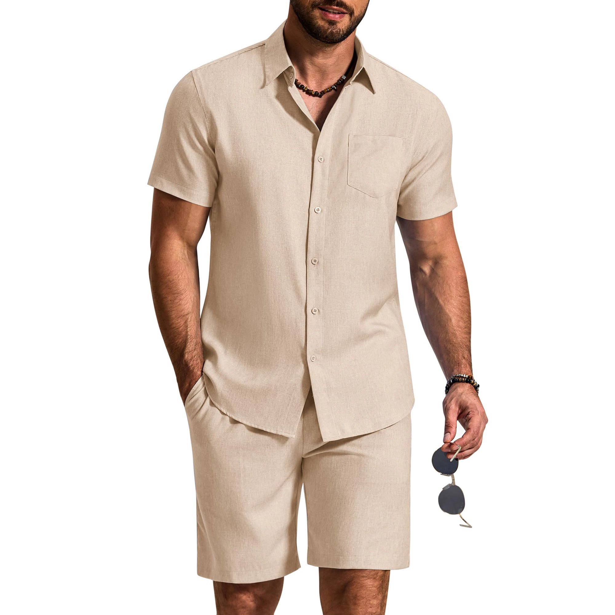 COOFANDY Mens Short Sleeve Button Down Shirt  Casual Lapel Collar Shorts Set